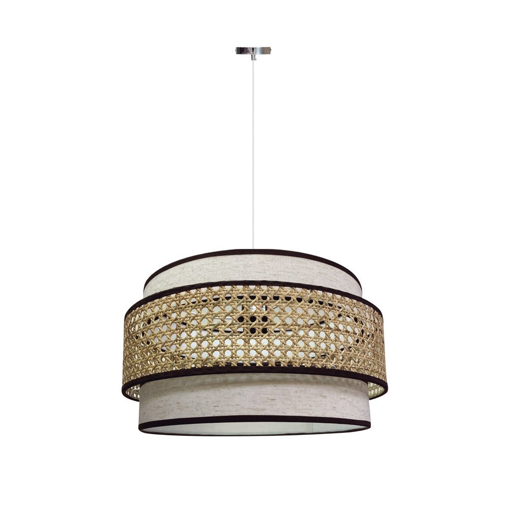 Lampa sufitowa Amit z potrójnym cylindrycznym abażurem z brązowego marmurkowego lnu i siatką z rafii kanadyjskiej ø40 cm