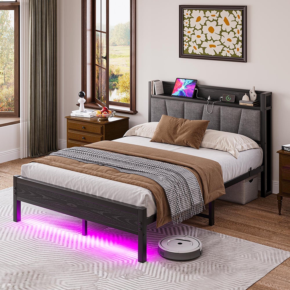 Łóżko dla dorosłych z inteligentnym oświetleniem LED i portami USB, metalowa konstrukcja, czarne - 140 x 190 cm - 3