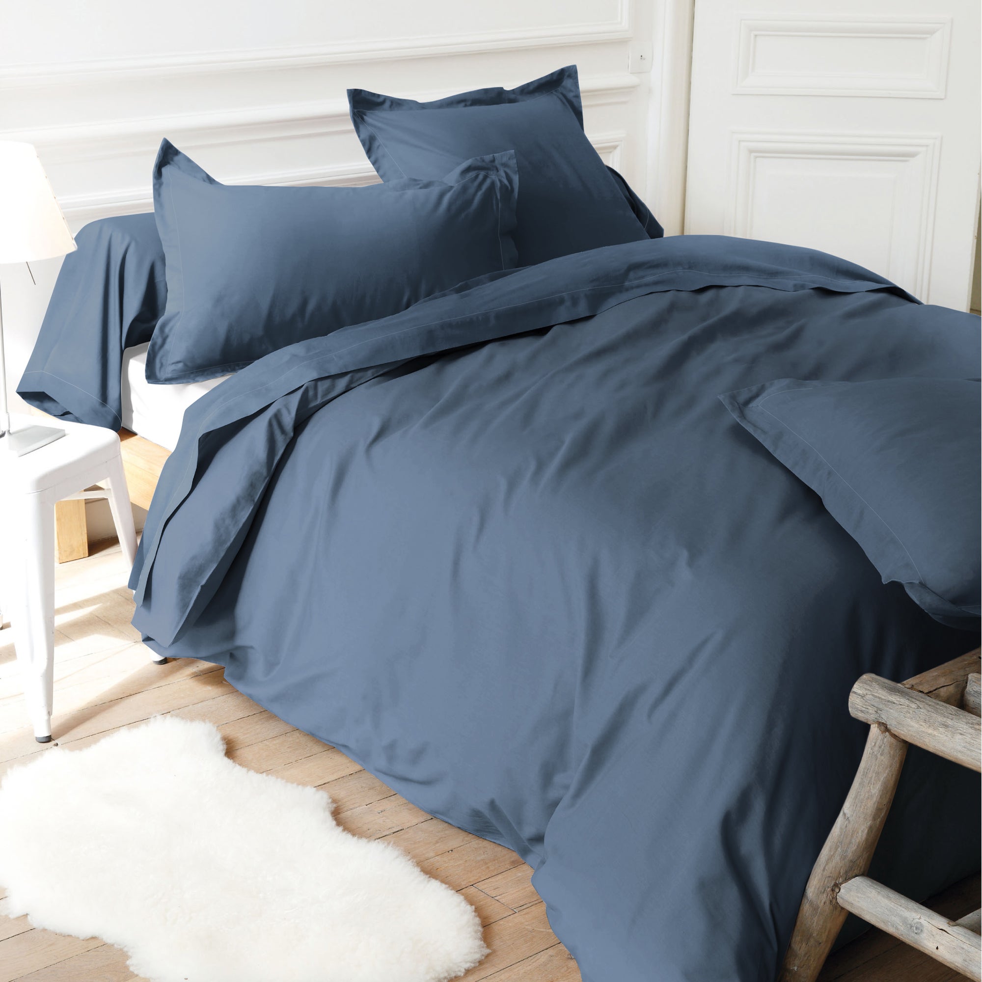 Drap housse uni 160x220 cm bonnet 30 cm coton ALTO bleu Jean - 2