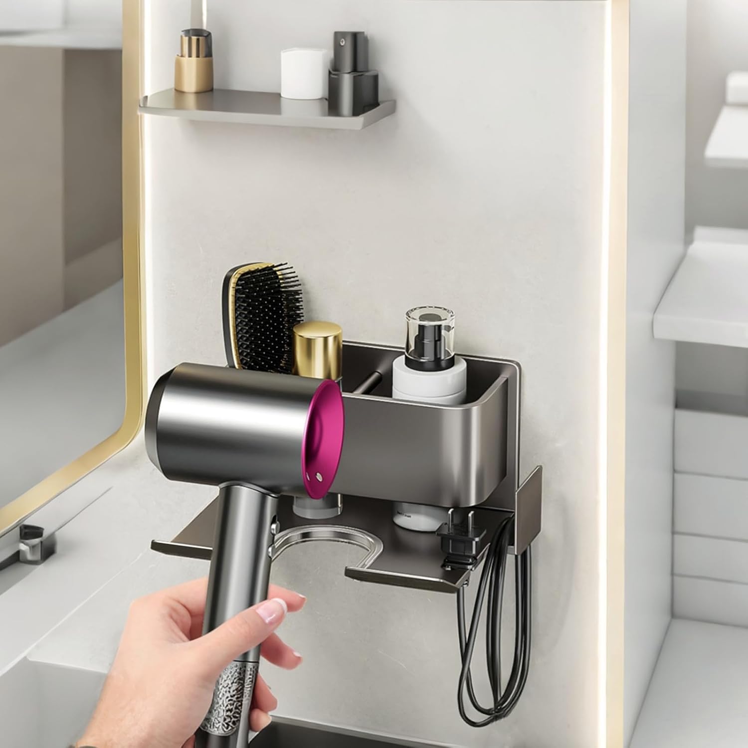 Support mural pour sèche-cheveux – Idéal pour les chambres, les hôtels et les salles de bain – Aucun perçage requis avec gestion des câbles – Gris - 5
