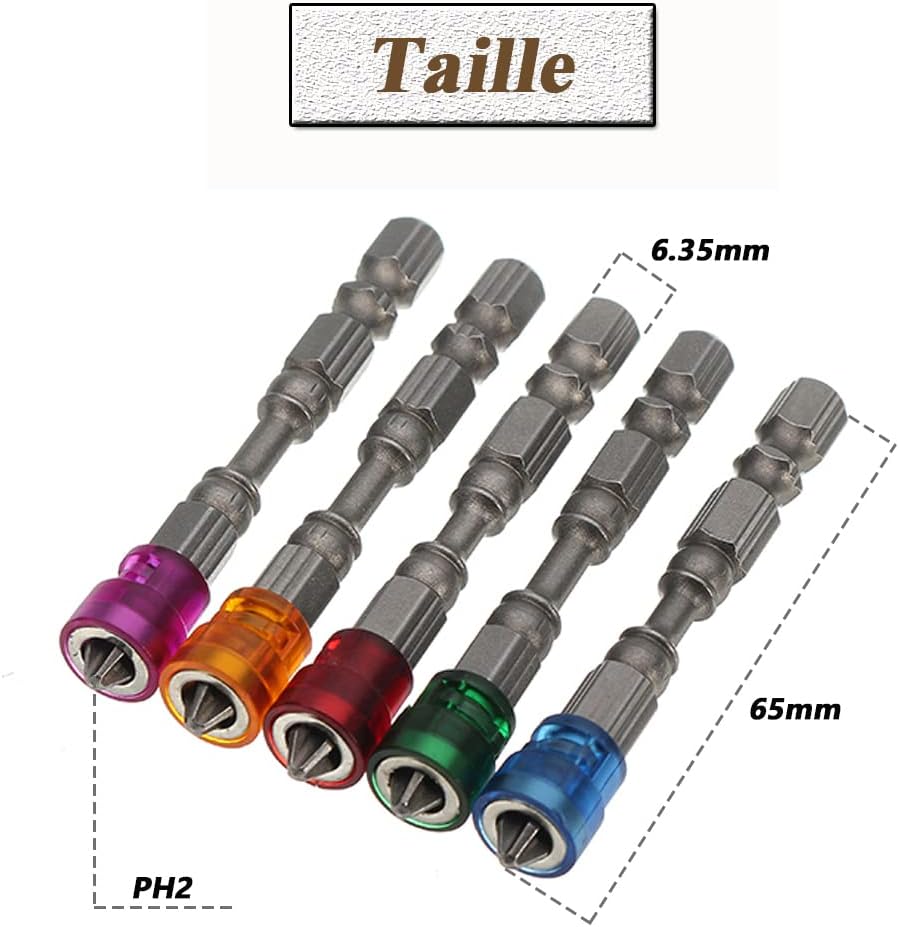 Lot de 10 embouts de tournevis cruciformes magnétiques PH2 à tige hexagonale, acier S2, 65 mm, antidérapants, avec butée de profondeur pour vis à cloi - 2