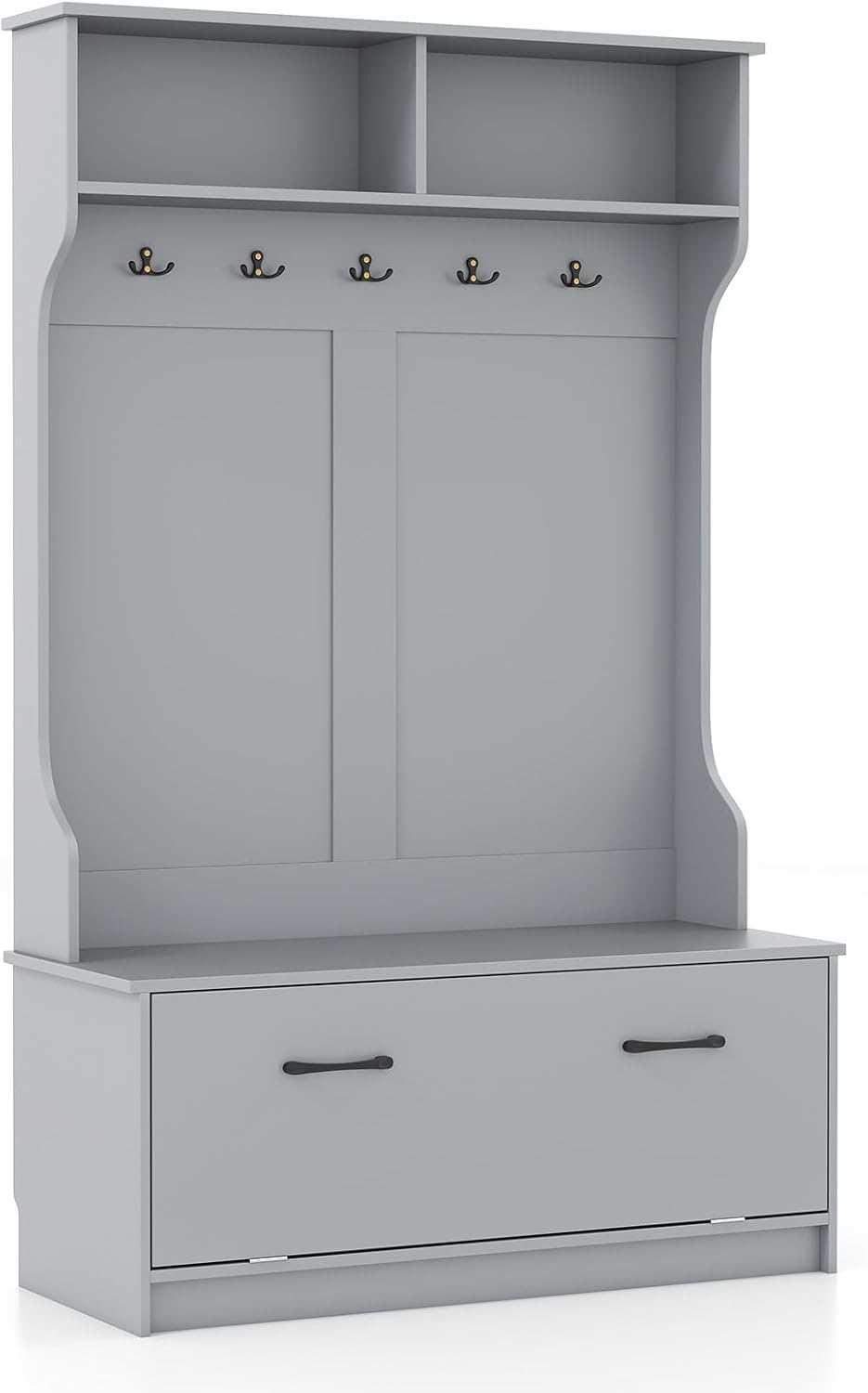 Litake Appendiabiti Con Panca Porta Scarpe 4 In 1, In Metallo E MDF, Con Asta E 8 Ganci Doppi, 3 Ripiani, Per Corridoio E Ingresso, 60x30x180 Cm