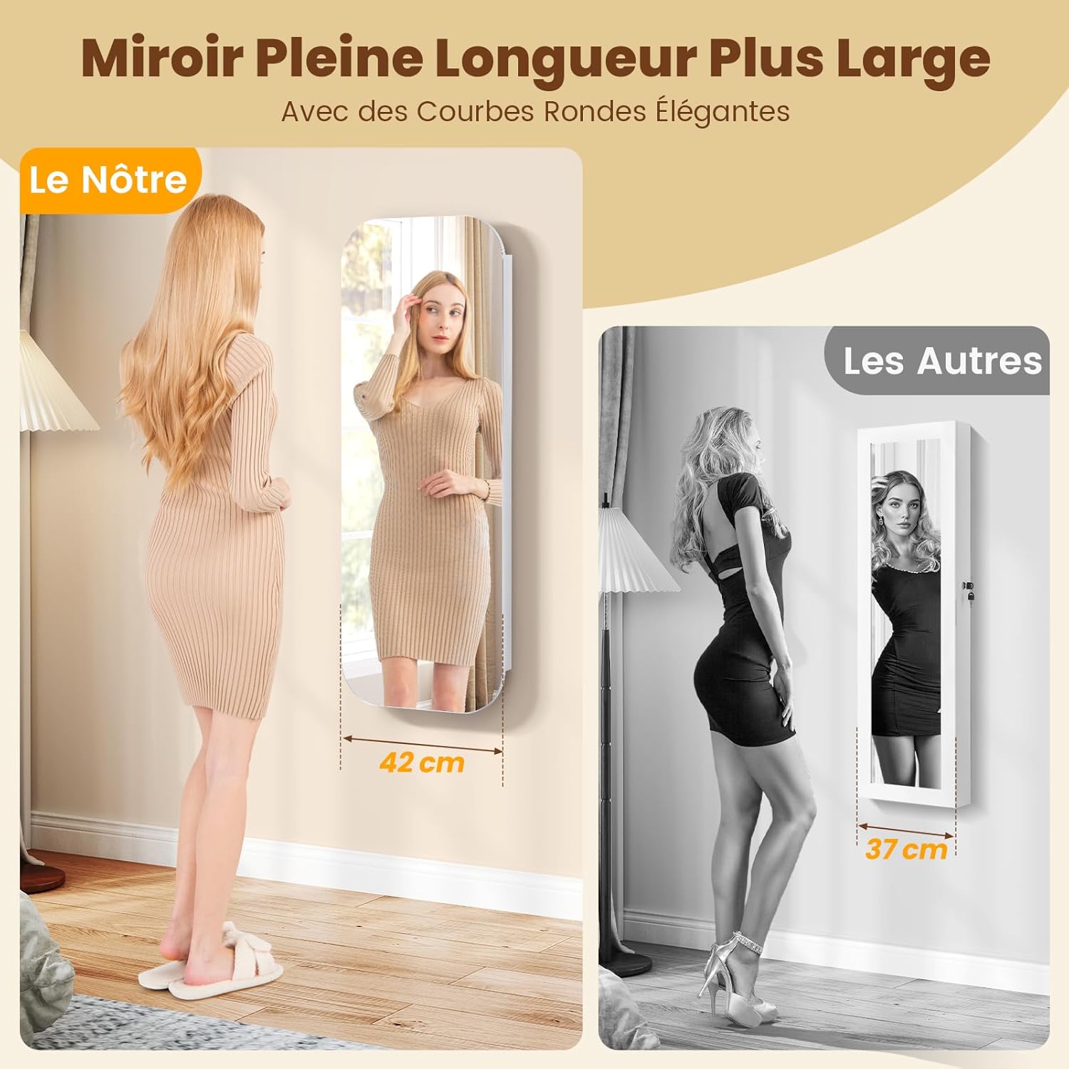 Armoire a Bijoux Suspendue avec Miroir Large & 6 Lumières LED, Porte Bijoux Mural d'Angle Rond avec Étagères & Verrouillable, 42x10x107,5 CM - 3