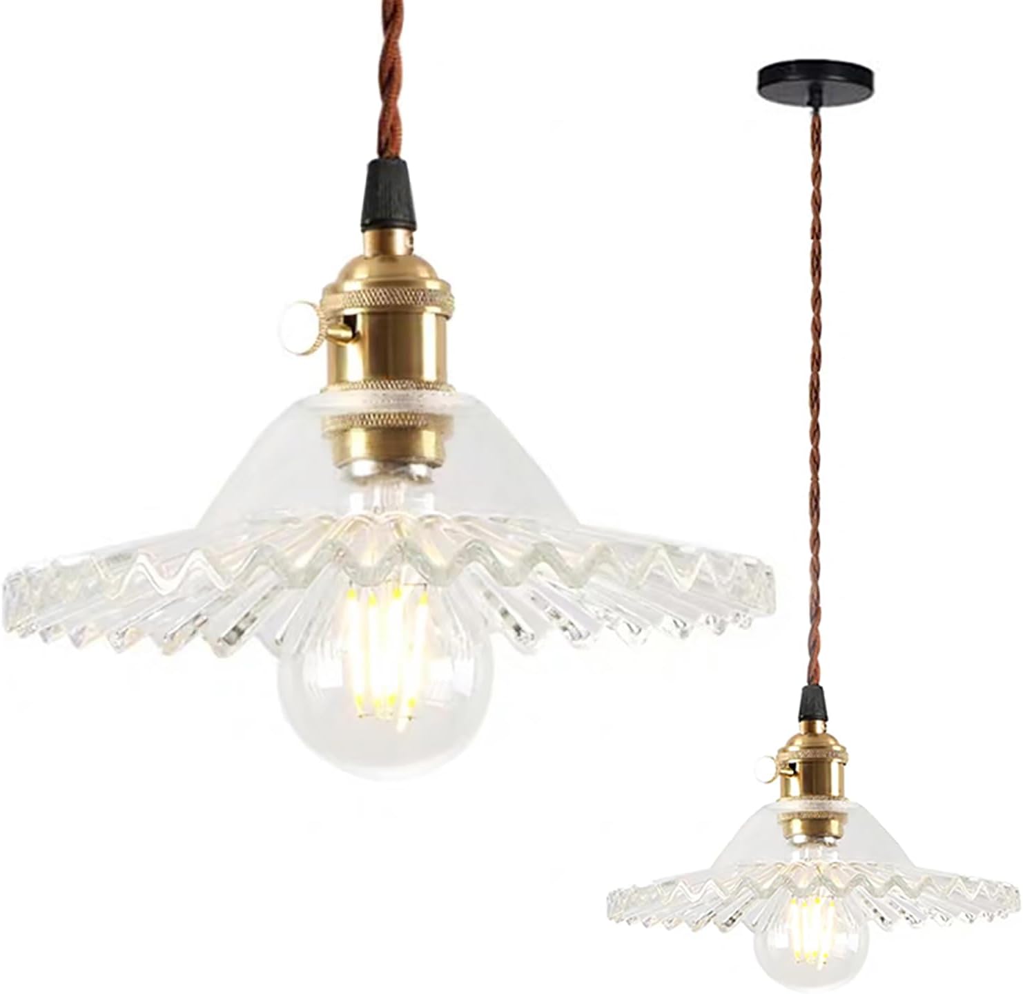 Industrialny, nowoczesny, vintage żyrandol sufitowy Edison, dekoracyjna lampa wisząca E27 z mosiężną podstawą i szklanym kloszem (kolor transparentny)