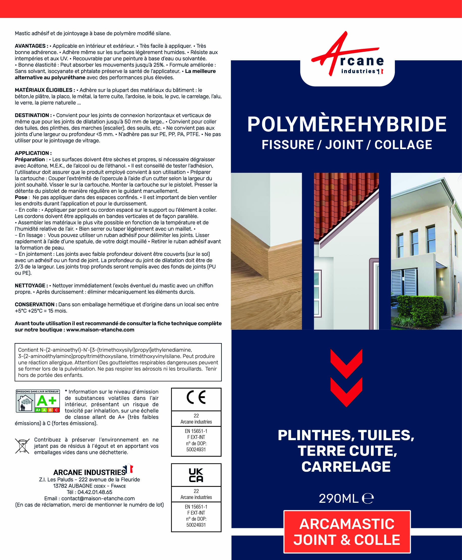 Mastic Colle Tuiles Polyuréthane Hybride: ARCAMASTIC JOINT ET COLLE Blanc - 290 ml x 12 - ARCANE INDUSTRIES - 7