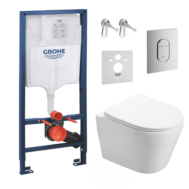 Grohe Pack WC Bastidor + Inodoro Infinitio sin brida, fijaciones invisibles + Placa + Panel de aislamiento acústico (ArenaInfinitio)