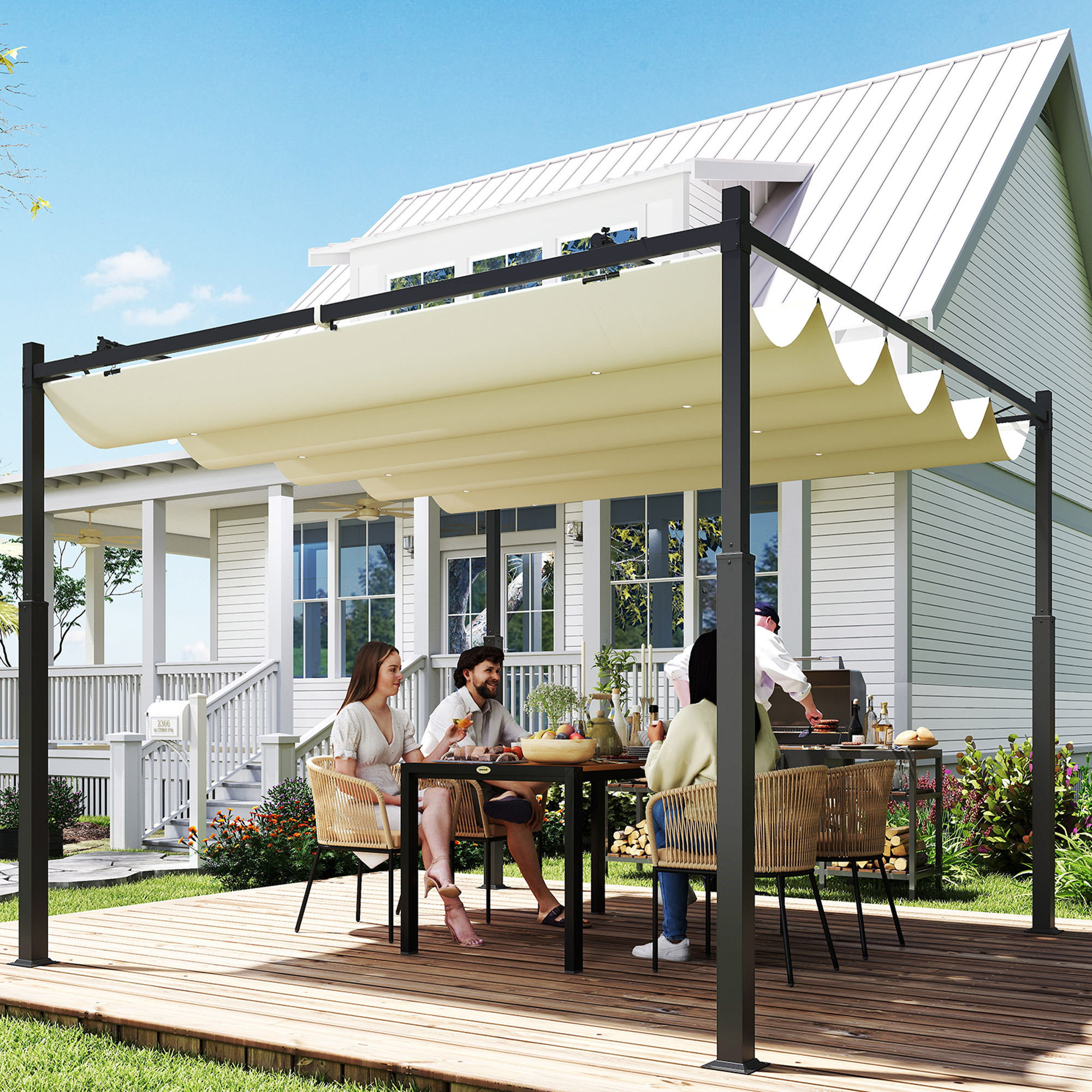 Pergola Métallique 3x3 m, Toit Rétractable et Fixation Magnétique, Gazebo Extérieur Kit Pergola Jardin, Colonne Métallique 80mm, Crème Blanc - 4