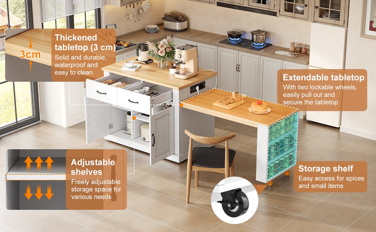 Isola da cucina mobile 142-340 cm, 2 piani estensibili, 2 cassetti, ruote, MDF bianco - 5