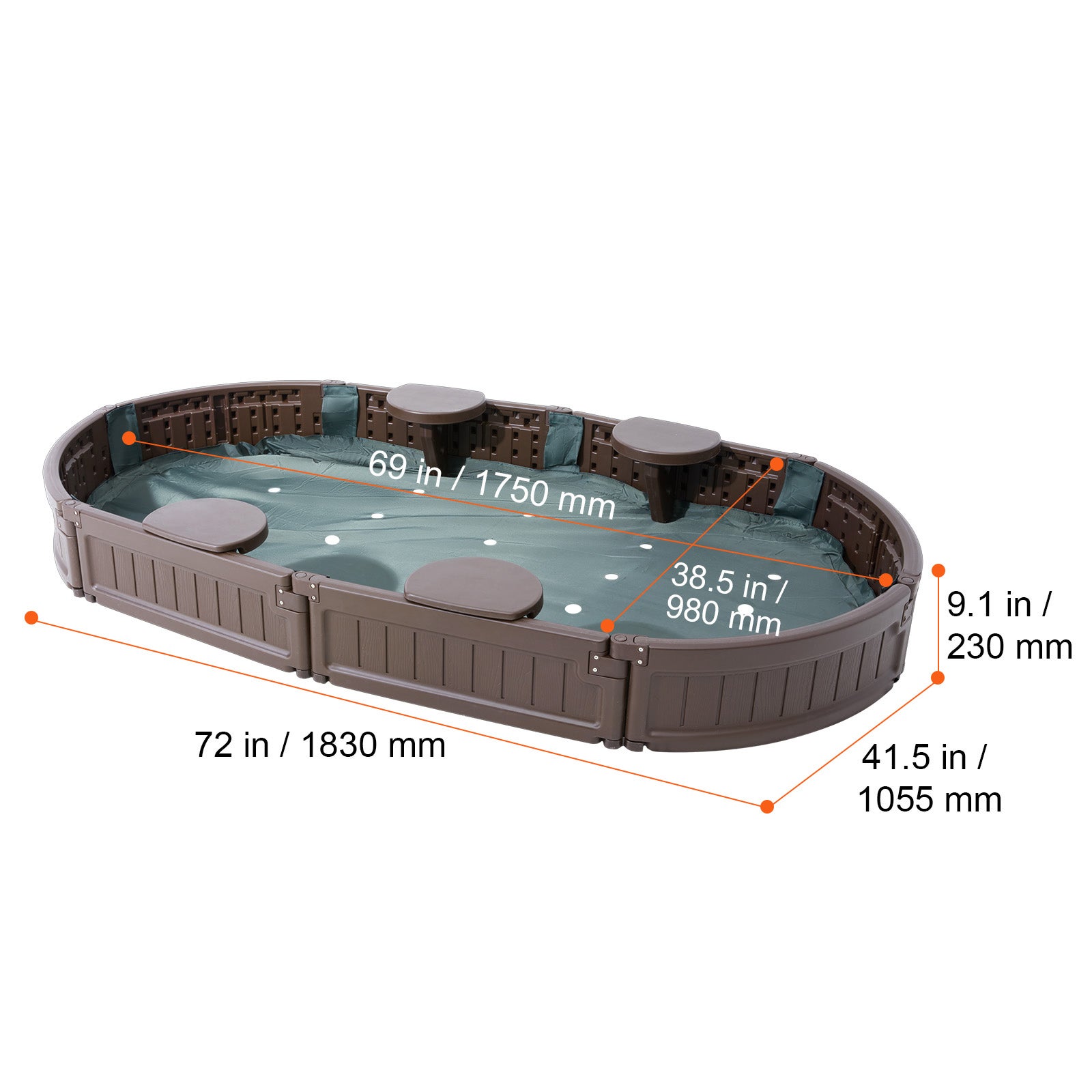 Caixa de areia com tampa SucceBuy 72 x 41,5 x 9,1 po,ovalada,em PEHD,4 assentos de canto e revestimento inferior para jardim,praia,parque - 2