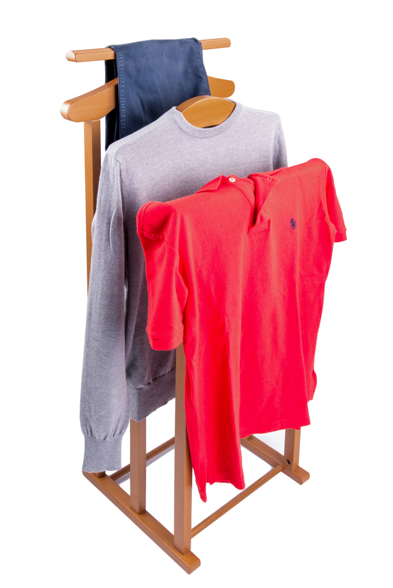 ARIT - Valet de nuit MAXI , composé de 2 cintres et de 2 porte-pantalons, pieds en caoutchouc à la base. - Couleur cerise - 2