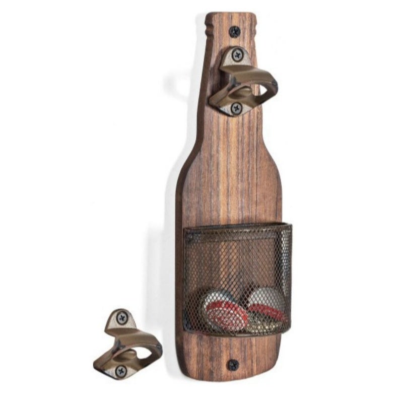 Décapsuleur mural avec récupérateur de capsules, design rustique en bois, forme bouteille de bière - 3