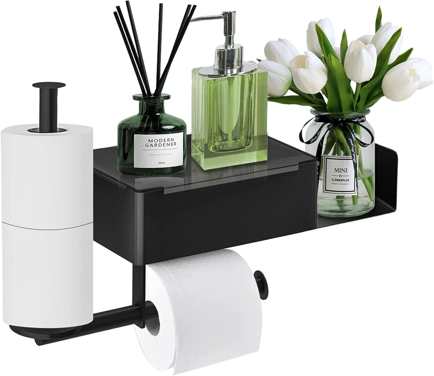 Uchwyt ścienny na papier toaletowy z półkami i schowkiem na chusteczki, uchwyt na papier toaletowy z 2 uchwytami na rolki