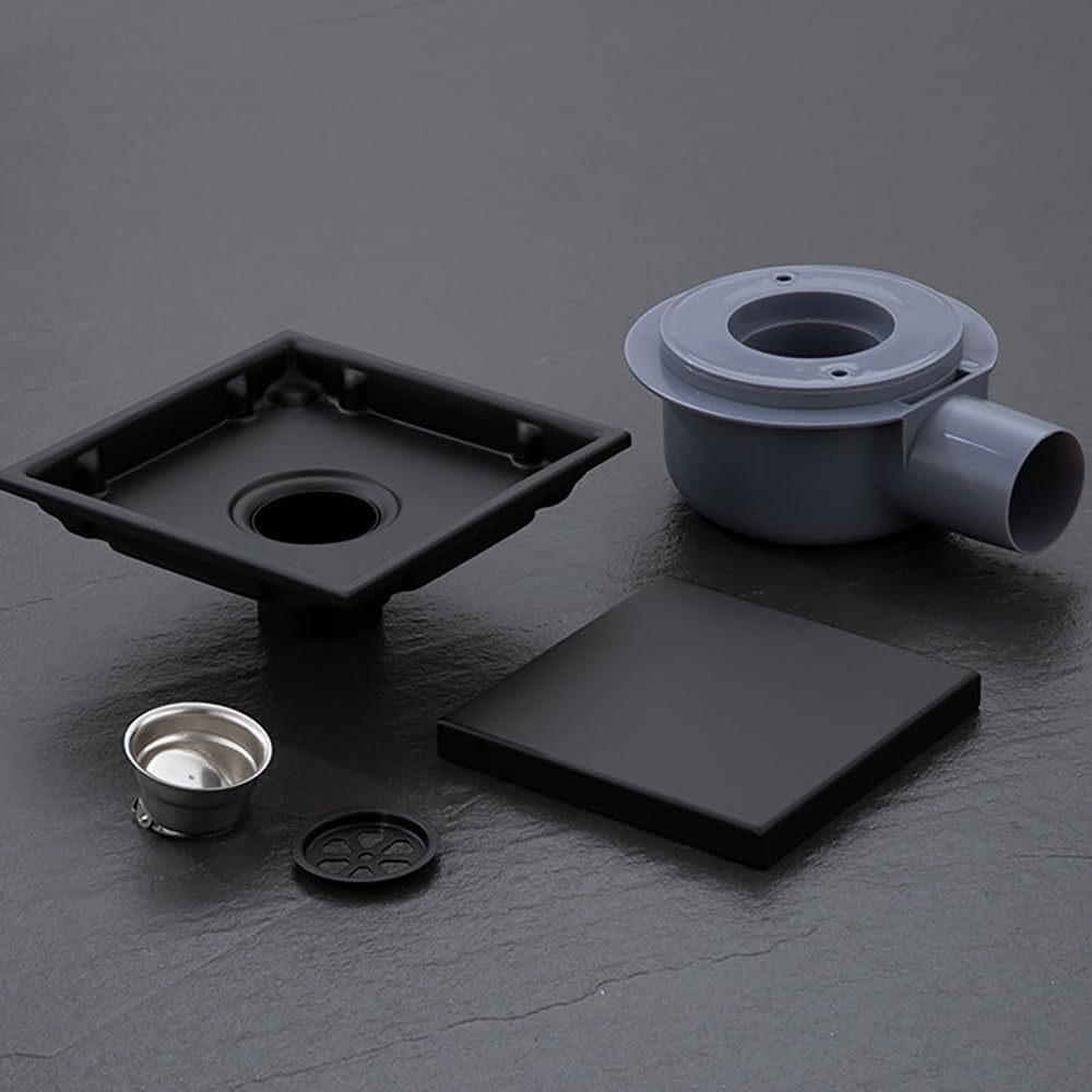 Odpływ prysznicowy kwadratowy - 15 x 15 cm - 360° - Dezodorant, niewidoczny odpływ podłogowy, podwójny filtr, możliwość łączenia z płytkami - czarny - 2