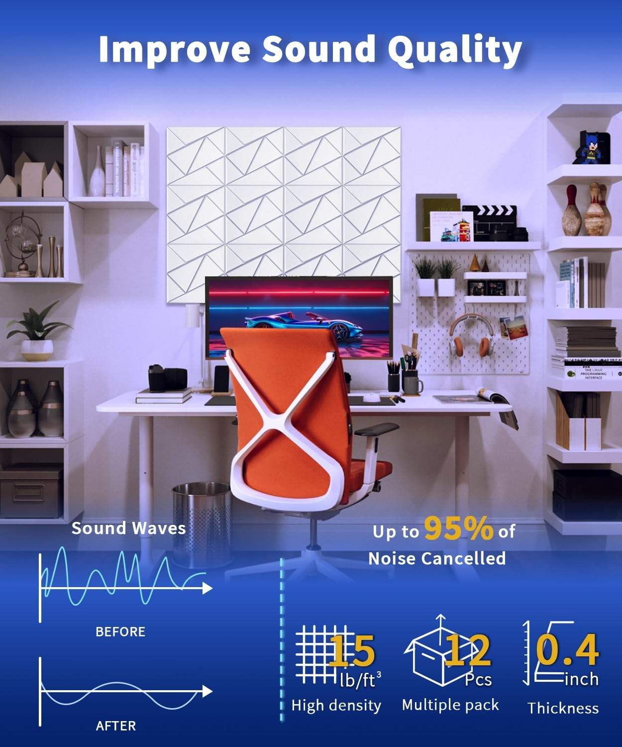 Lote de 12 paneles acústicos autoadhesivos, relleno insonorizante de poliéster, paneles murales insonorizantes de alta densidad, 30 x 30 cm, Blanco - 4