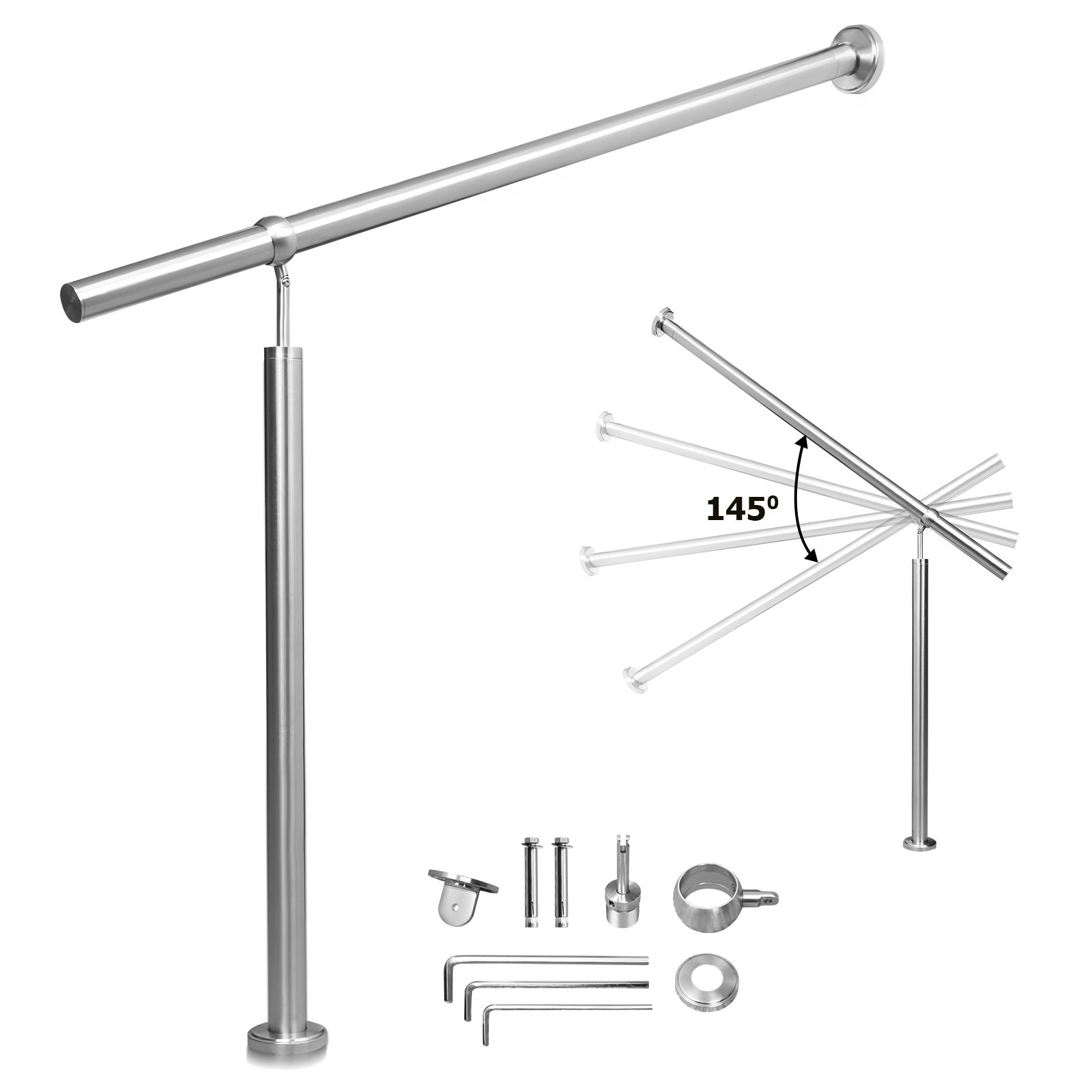 TIBU Main Courante En Acier Inoxydable 33,7 Mm - Rampe 0,3 M - 6 M, Longueur 30 Cm, Extrémité Droite Avec Capuchon Droit Et Support Coudé