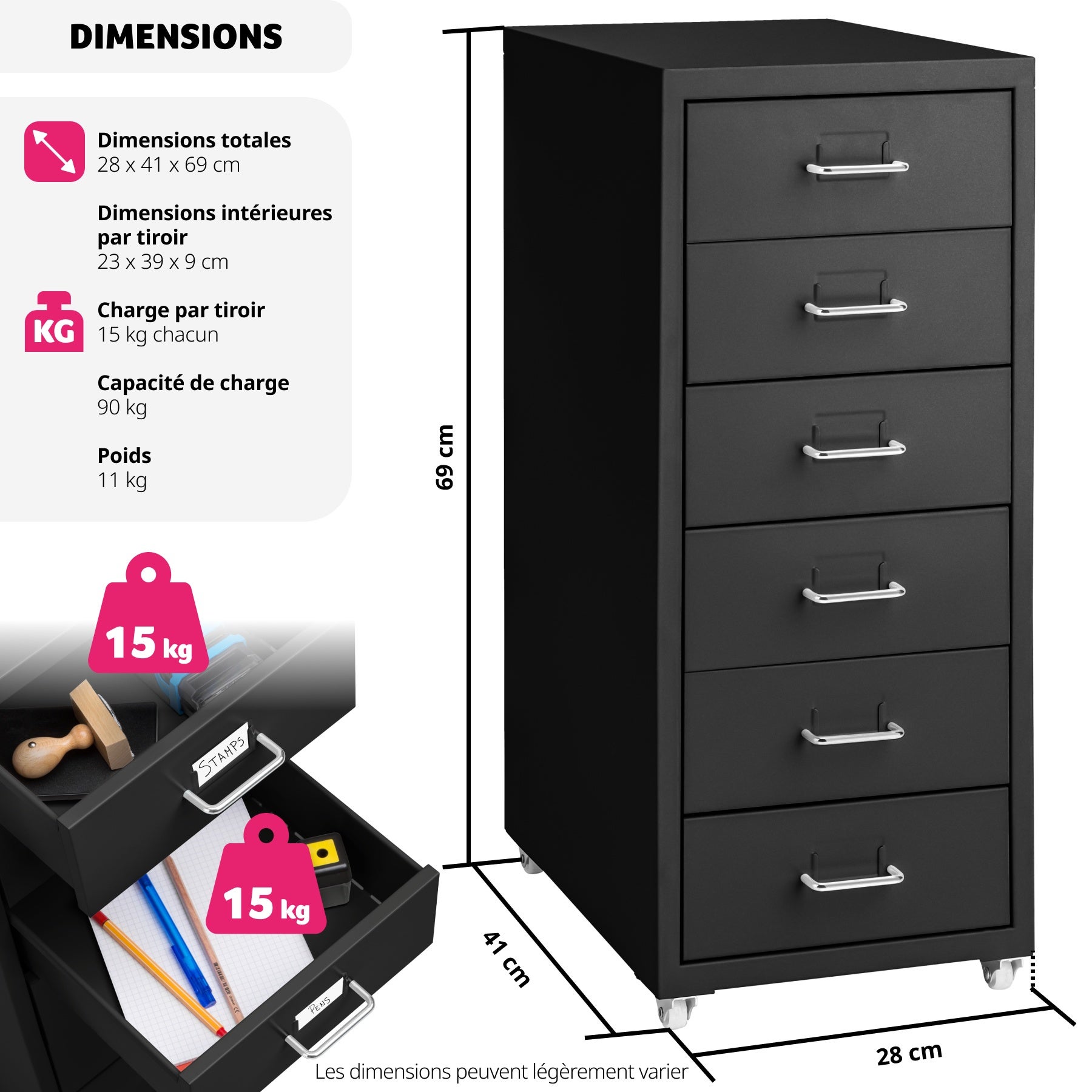 Caisson de bureau roulant en métal 41x28x69cm en acier TECTAKE - 6
