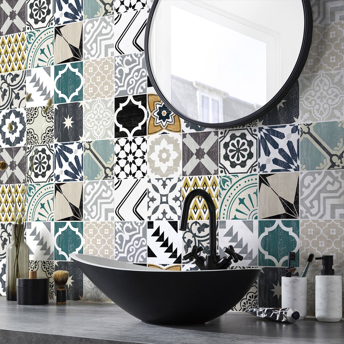 Sticker Mural Carrelage adhésif Cuisine Salle de Bain - 24 STICKERS CARREAUX DE CIMENT AUTHENTIQUES DANIELITA - 24stickers10x10cm - 5