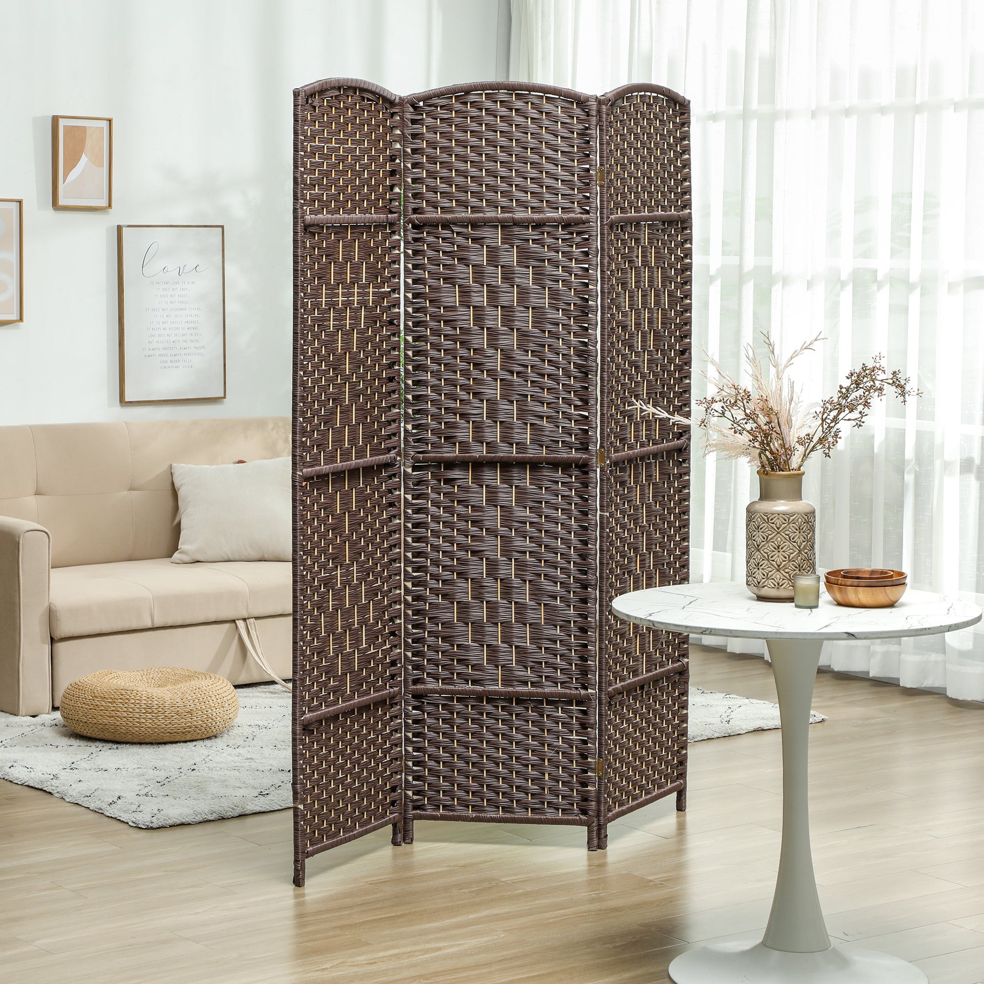 Paravent intérieur en bois 3 panneaux séparateur de pièce pliable pour salon chambre 135 x 180 cm marron - 3