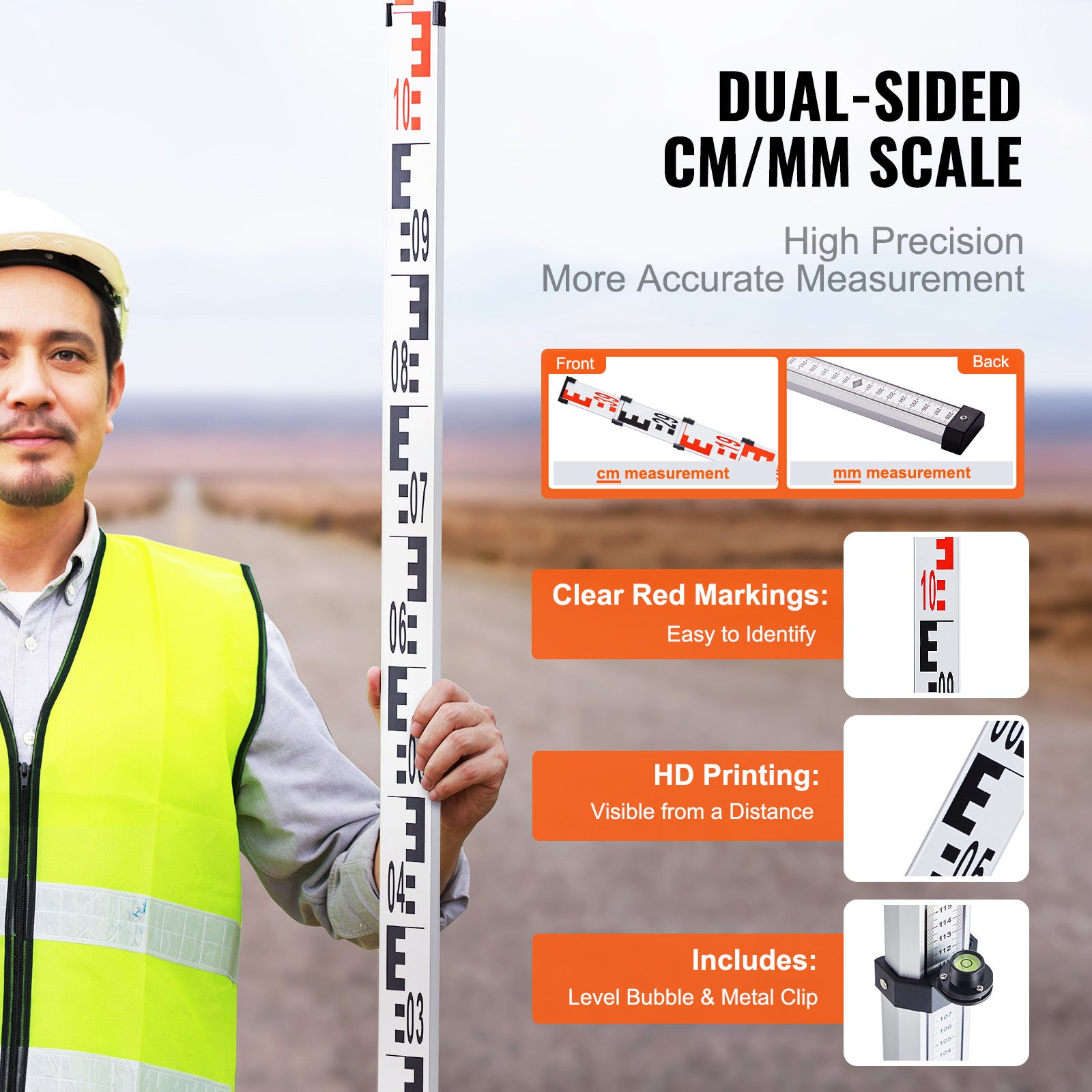 Tige mesure télescopique aluminium 4M,SucceBuy échelle double face (CM/MM),nivellement avec niveau à bulle et sac transport pour maisons,murs,sols - 4