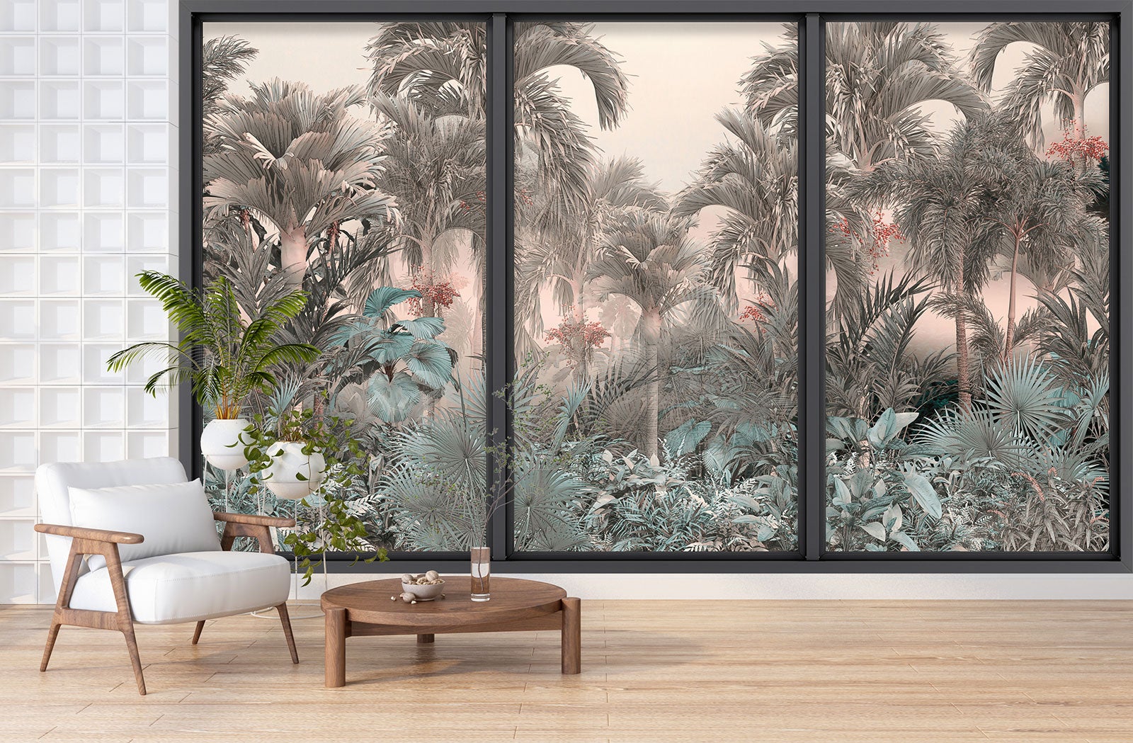 Papier peint panoramique Trompe l'oeil baie vitrée - Forêt tropicale - Largeur 325 cm x Hauteur 195 cm - 3