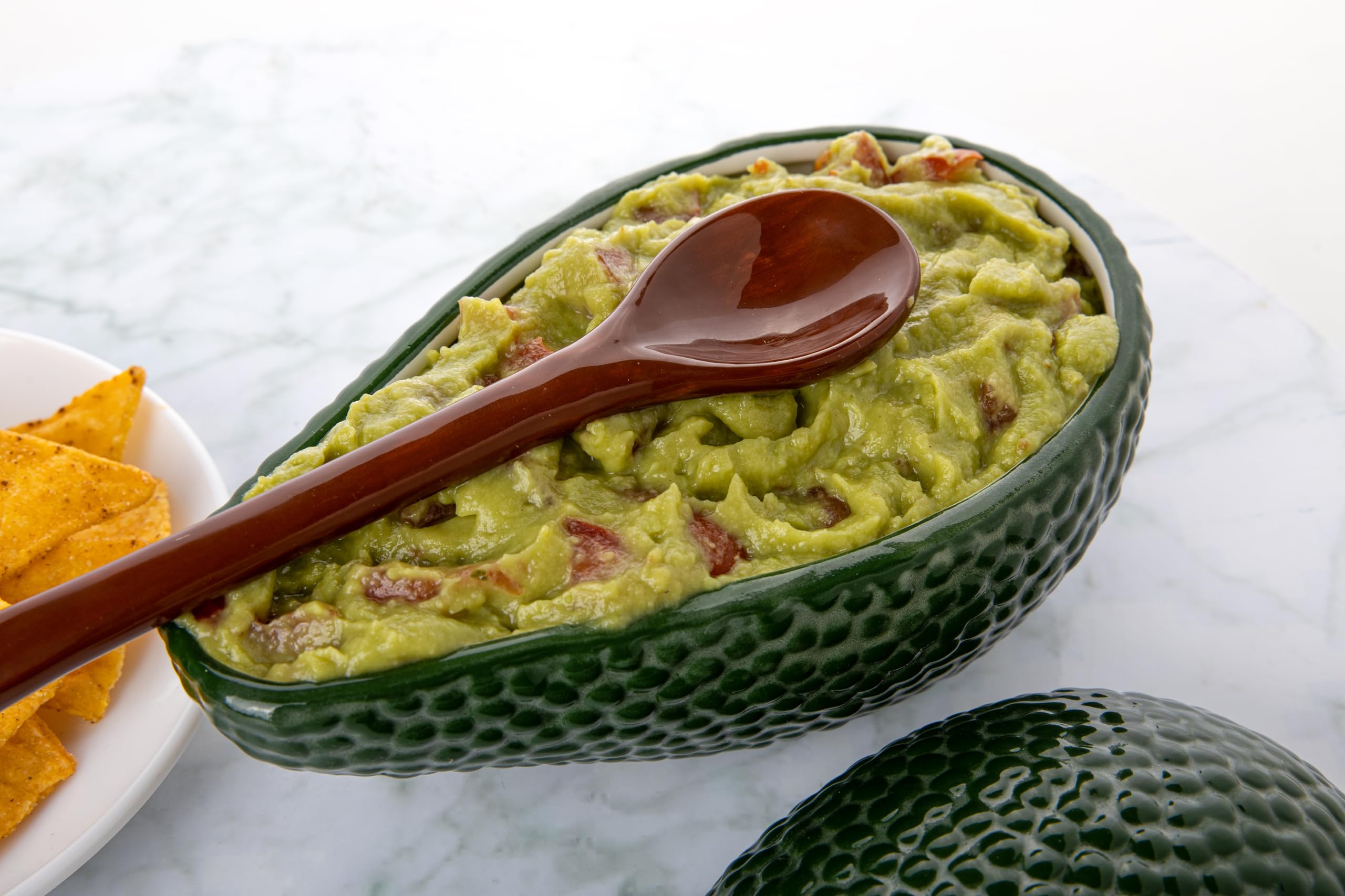 Fisura - Ciotola per guacamole con cucchiaio. Originale ciotola a forma di avocado. Ciotola per guacamole in porcellana. Ciotola verde per antipasti. - 7