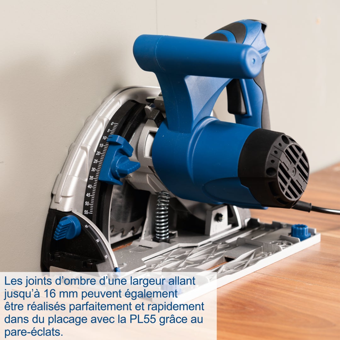Scheppach Scie plongeante PL55 – 230 V – 1200 W – Profondeur de coupe 55 mm – Joint creux 16 mm – Inclinaison de 0° à 45° – 2 rails de guidage inclus - 7