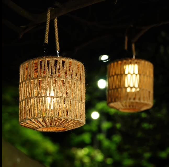 Zestaw wodoszczelnych zewnętrznych lamp solarnych rattanowa lampa solarna ogrodowa zewnętrzna lampa ogrodowa dekoracyjna wisząca światło ciepłe białe