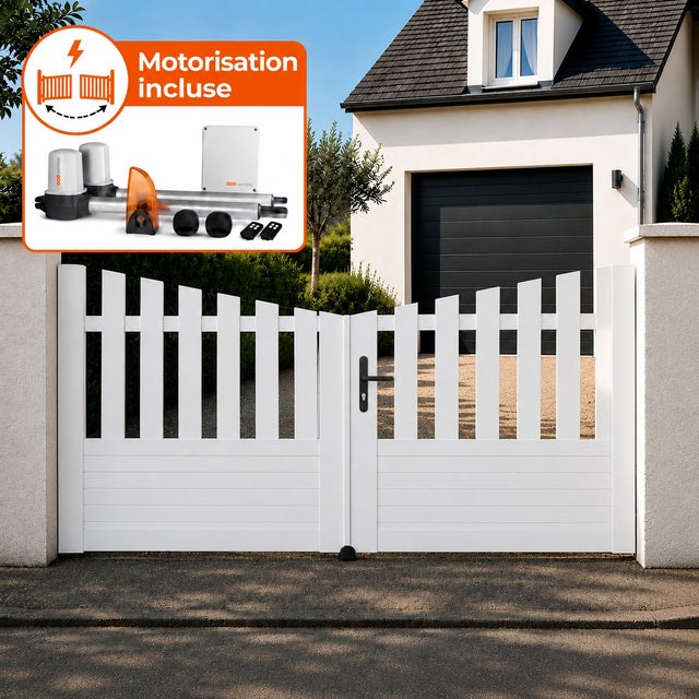 Portail battant électrique PVC blanc avec moteur Sentinel H 145 x L 300 ALENÇON INCURVÉ