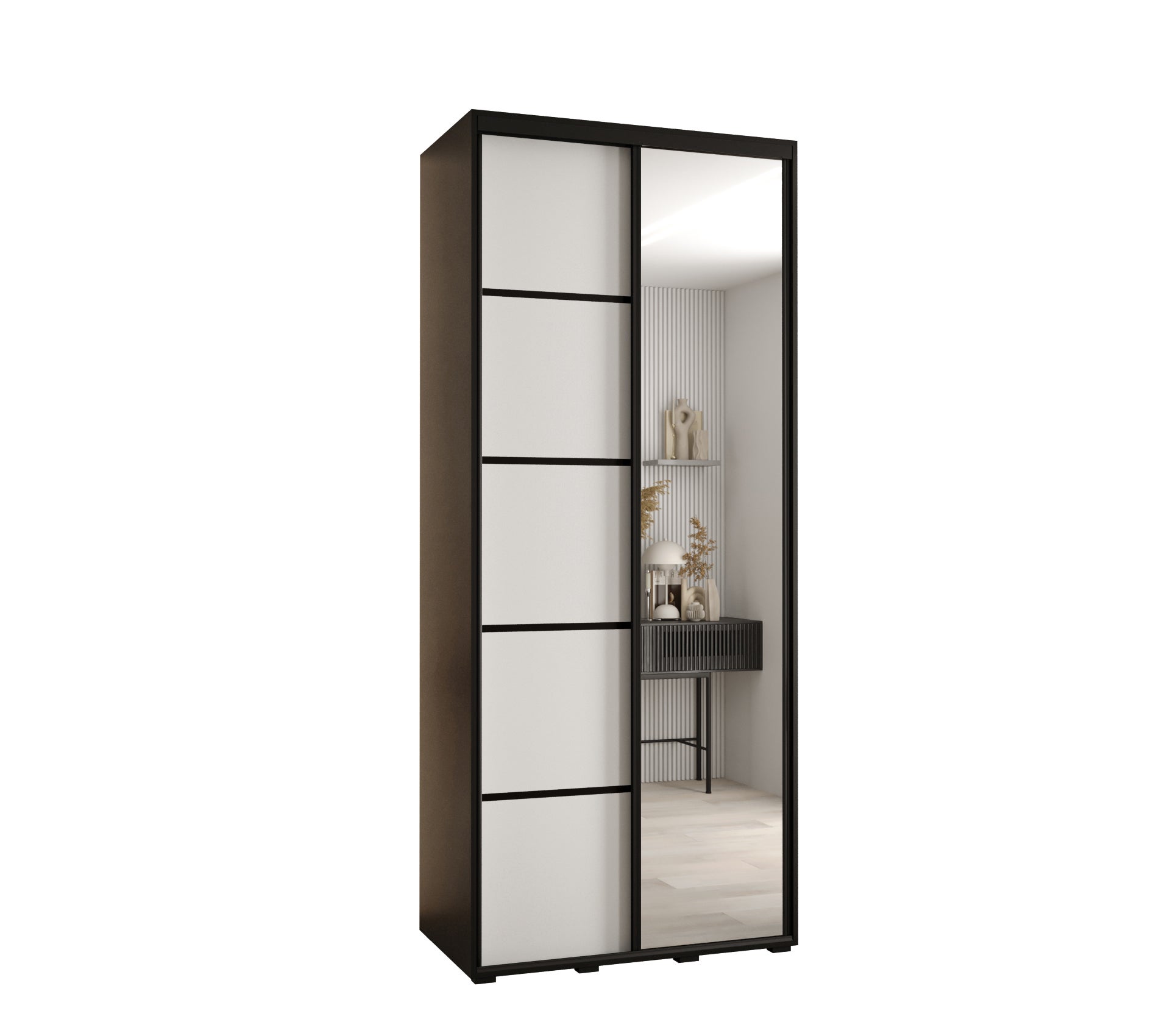Szafa przesuwna z lustrem wysoka Davos 5 120 x 45 x 235,2 cm czarny + biały + u. czarny - Abiks Meble