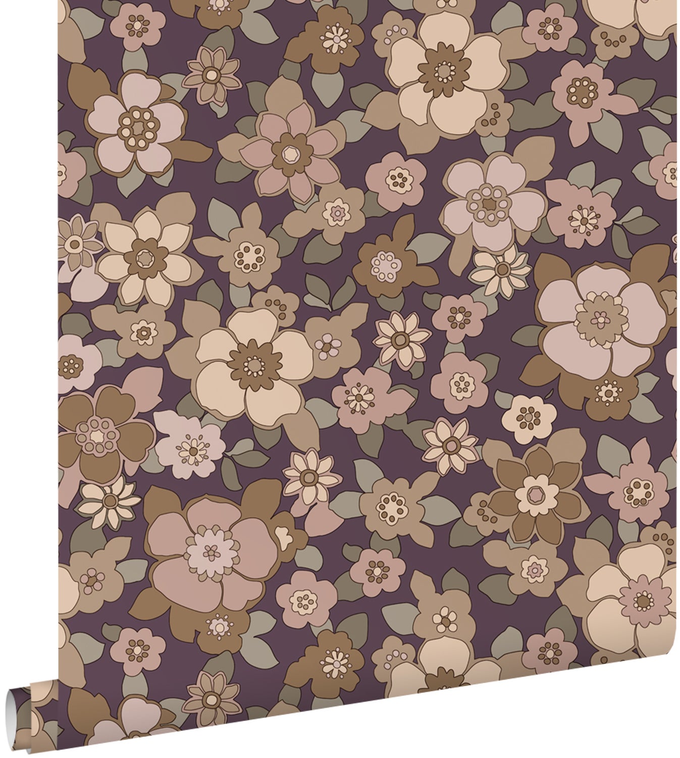 Tapeta retro kwiaty ciemnego fioletuIbeżowym - 50 x 900 cm - ESTAHOME