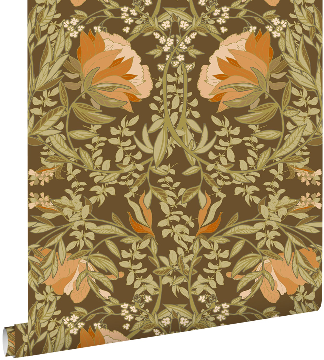 Tapeta vintage kwiaty w stylu secesyjnym zielonymIpomarańczowym - 50 x 900 cm - ESTAHOME