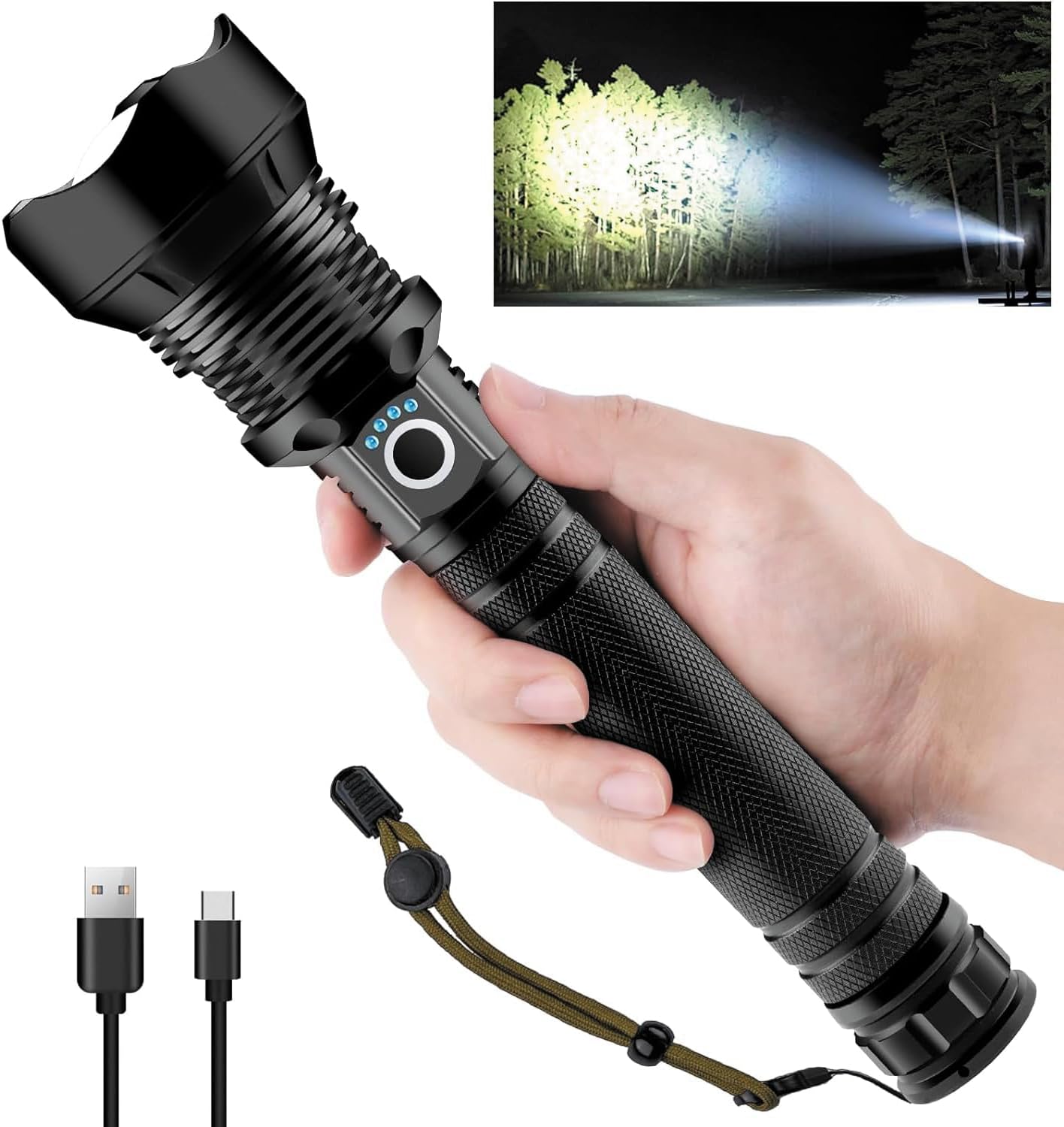 Ultra Mocna Latarka LED Kieszonkowa Ładowalna przez USB Type C Regulowana z Zoomem Wodoodporna i do Użytku w Nagłych Wypadkach Bateria mAh