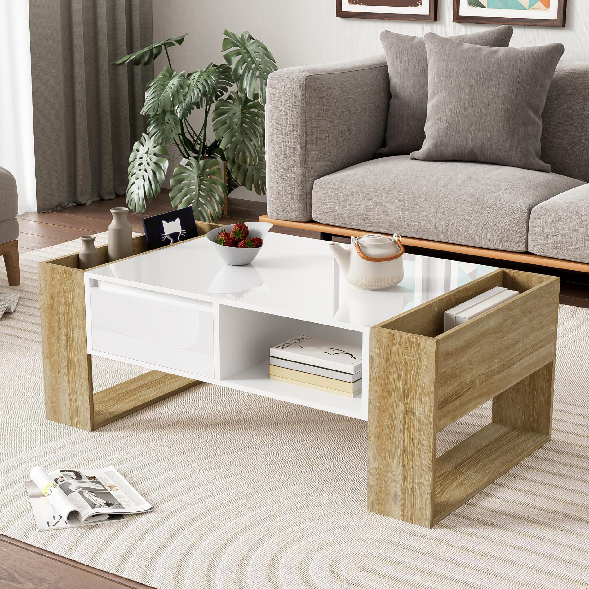 Table Basse Moderne 105 x 60 x 40 cm – Design Élégant en Bois et Blanc ...