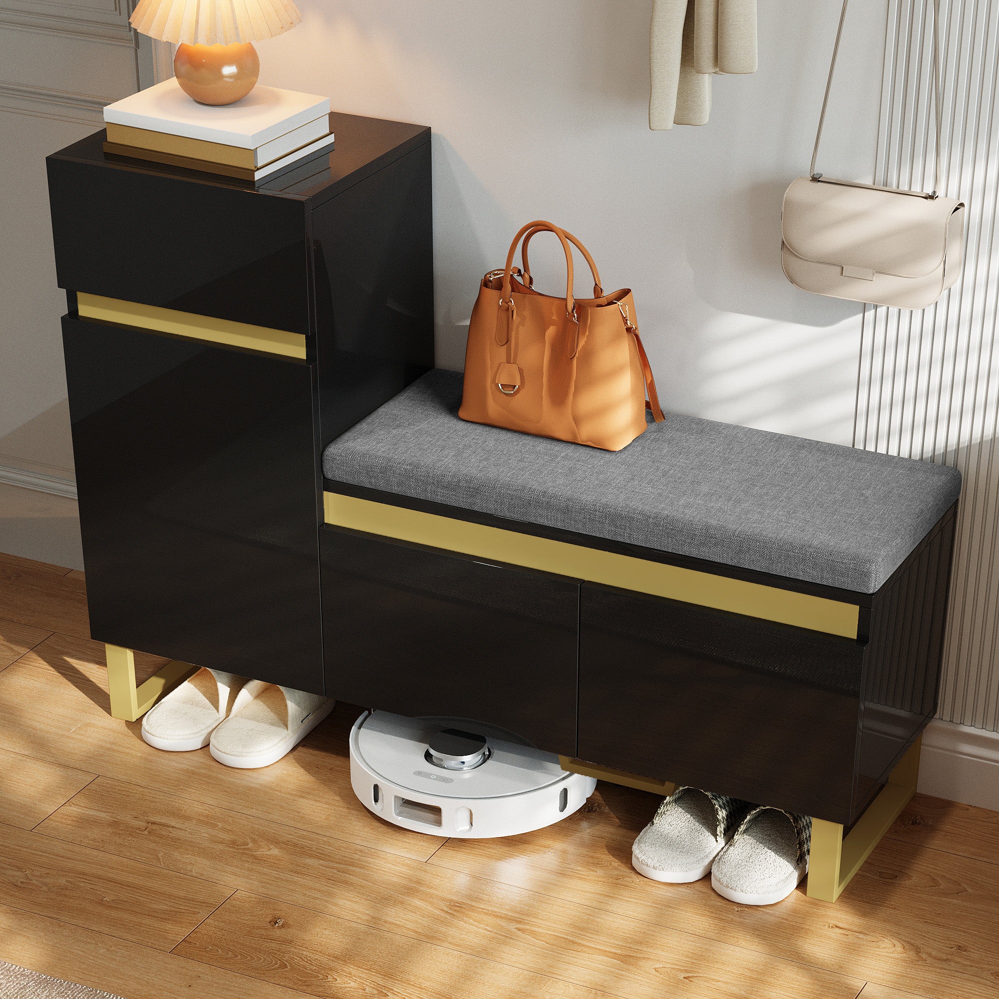 Szafa na buty 120x35x85 cm - 1 szuflada i 3 fronty - z pikowaną ławką na buty - Czarny - 3