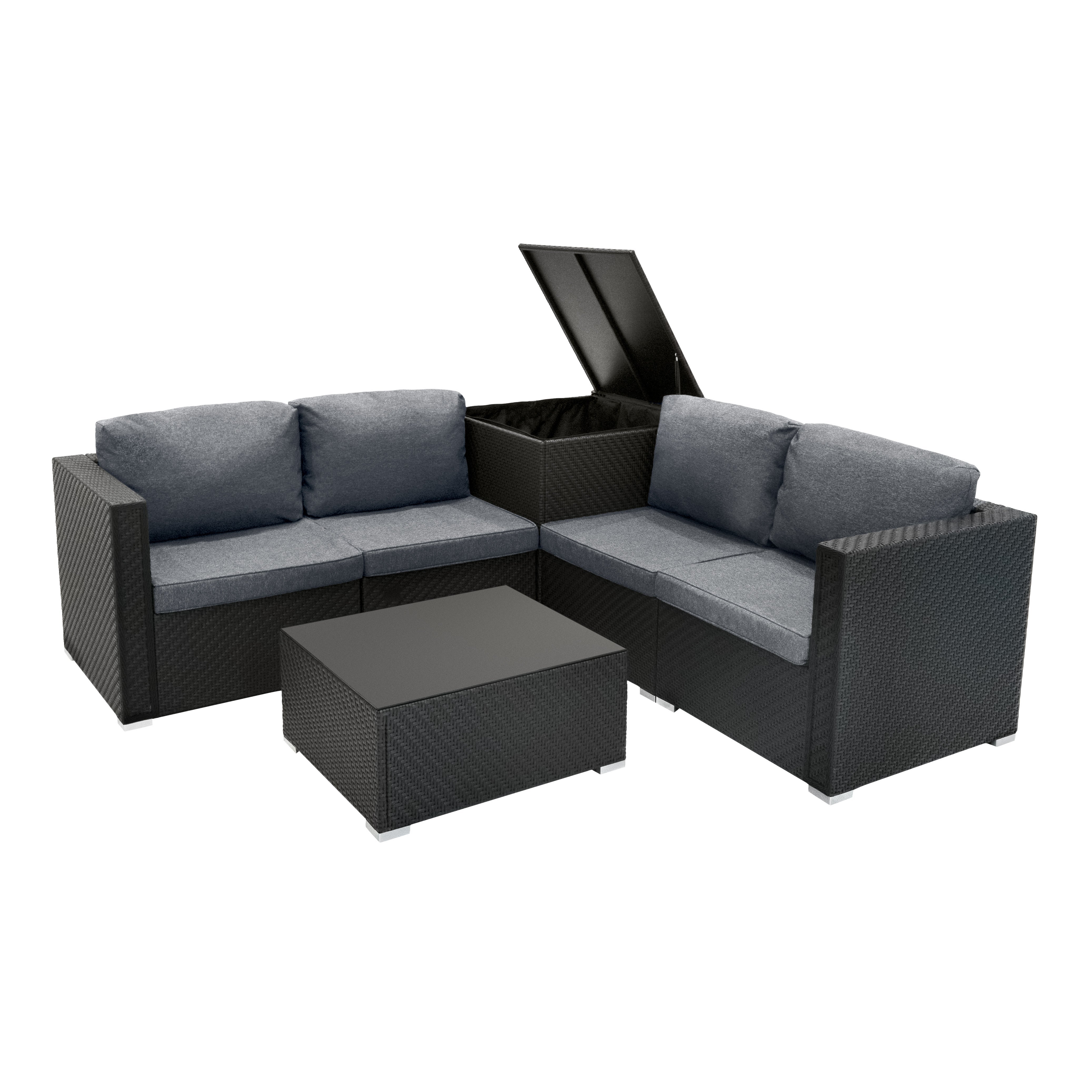 Salon de Jardin & Coffre de Rangement en Rotin Noir 6 Pcs Extérieure ...