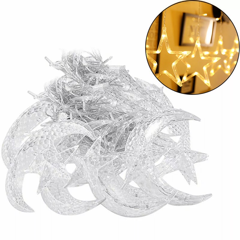 Guirlande lumineuse LED Star Moon, rideau lumineux de Noël de 3,5 m avec télécommande, décorations de Noël, 8 modes d'éclairage, blanc chaud - 5