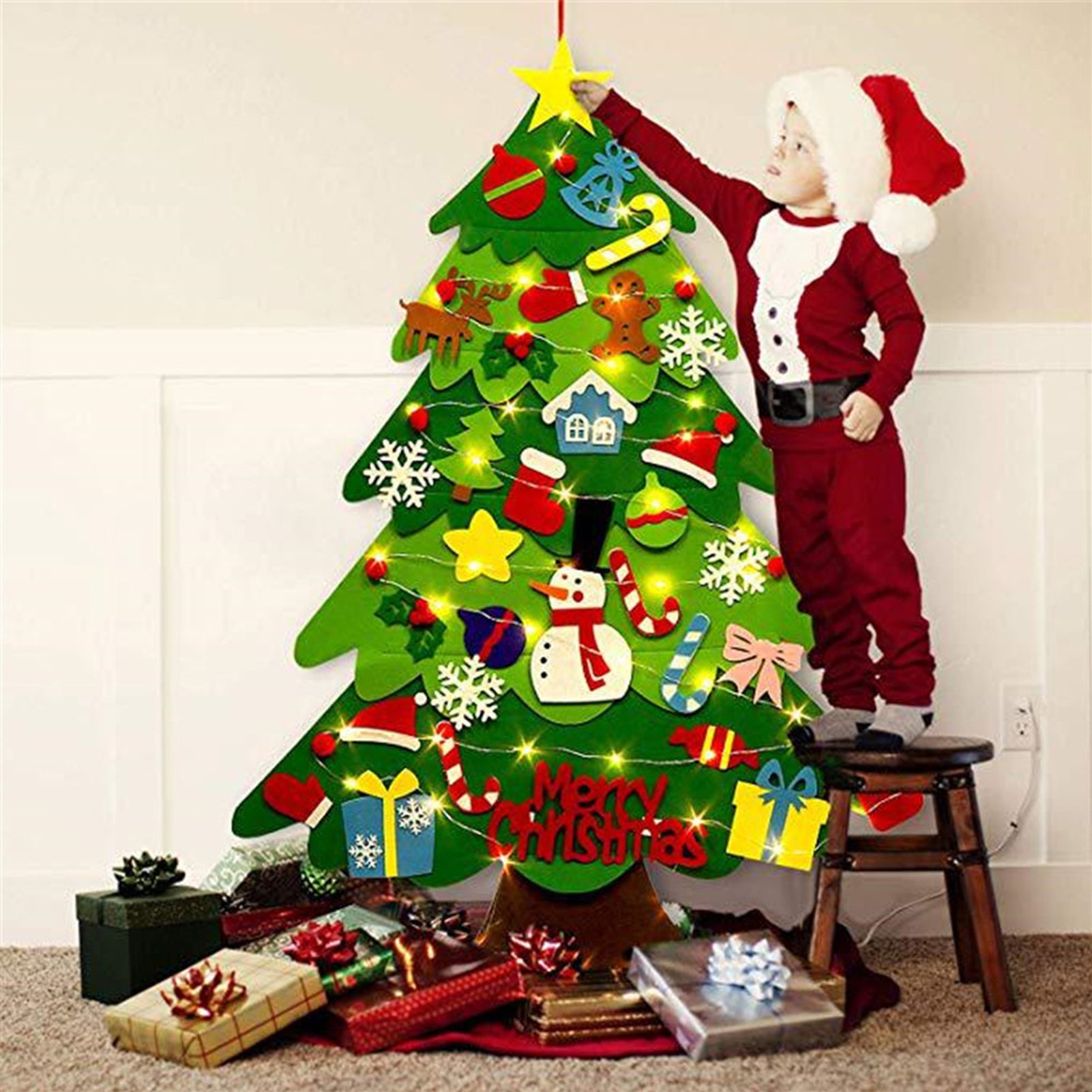 Ensemble de sapin de Noël en feutre à faire soi-même pour enfants, décoration de Noël à suspendre avec 50 LED, pour porte/mur - 6