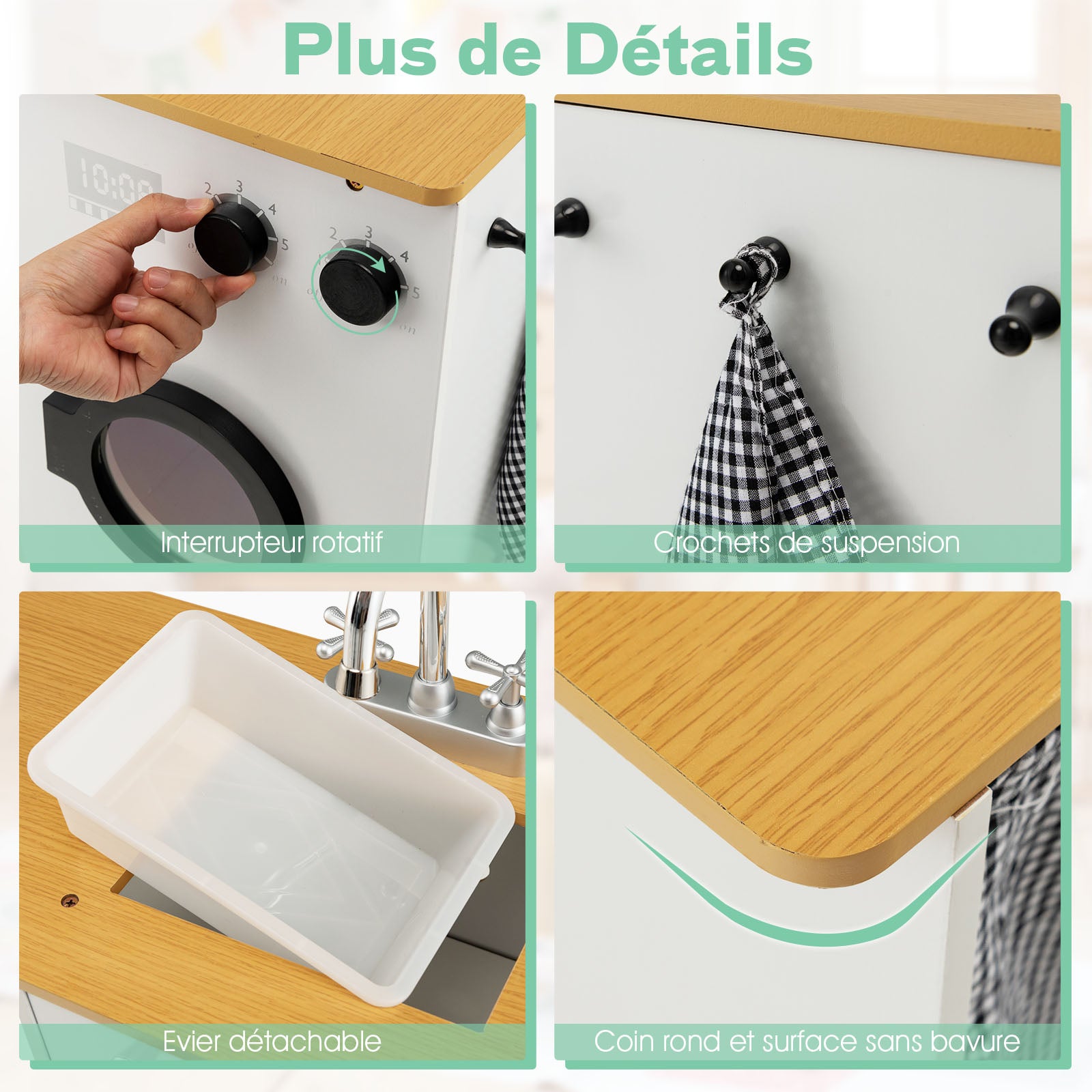 Cuisine Enfants Bois ,Jeux d’Imitation Cuisinière avec Machine à Laver, Sons et Lumière Réels,Tabouret,Cafetière,Distributeur d'eau, Blanc - 8