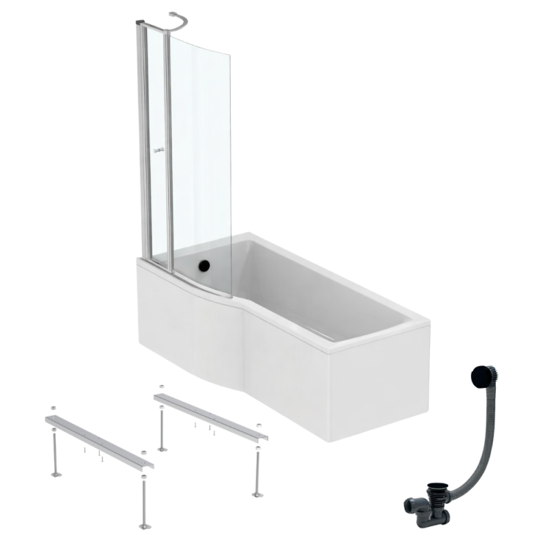 Ideal standard connect air 170 x 80 cm, bañera/ducha izquierda, conjunto + delantal + mampara con solapa + patas + desagüe, color negro.