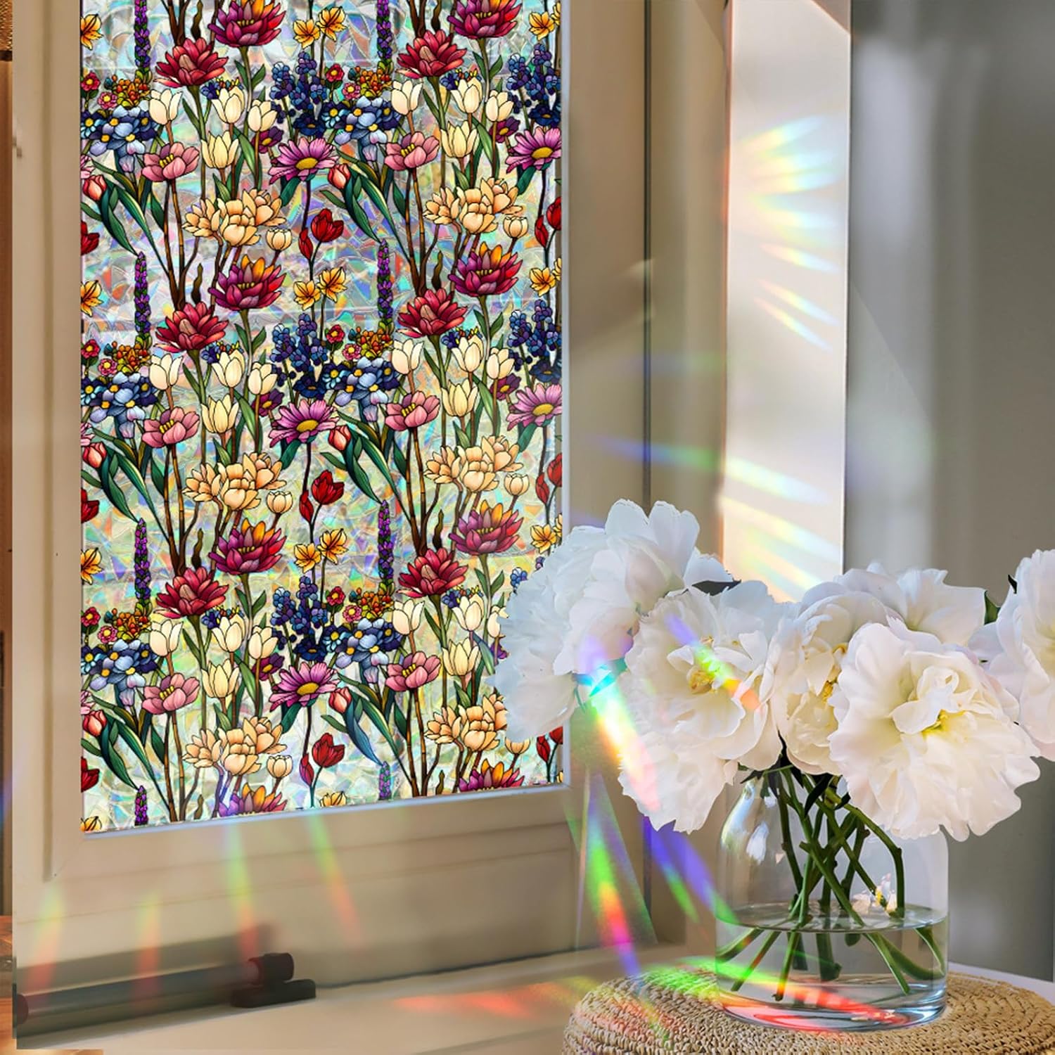 Folia na okno PCV - 43 x 100 cm - Antyrefleksyjna - Statyczna - Izolacyjna - Naklejki na okno Ogród kwiatów - Folia samoprzylepna na szkło matowe