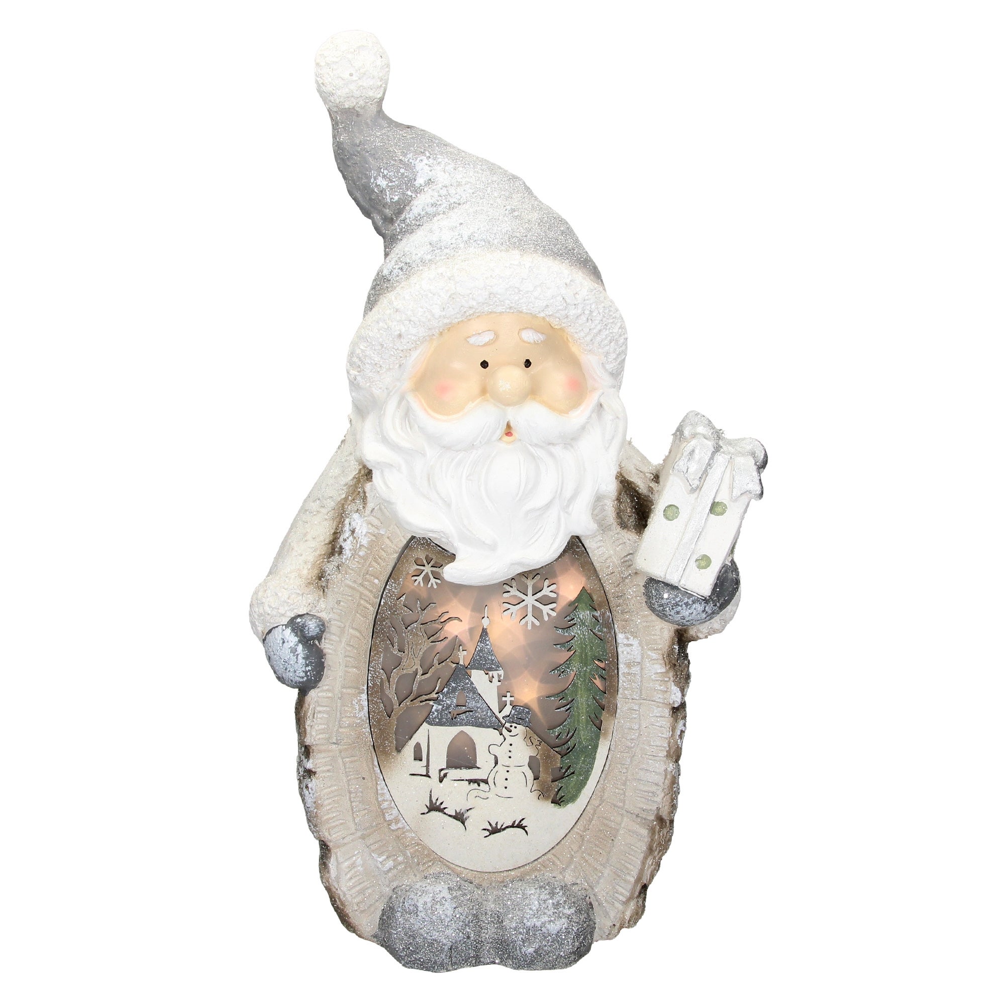 ECD Germany Ojciec Boze Narodzenie dekoracja figura z oswietleniem LED 52cm cieply bialy z szarym kapeluszem i szalikiem, drewniany wyglad, zasilany