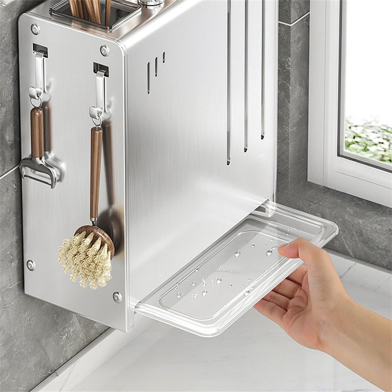 Soporte para cuchillos de cocina de acero inoxidable con cilindro para palillos – Organizador multifuncional, 22,5 x 11 x 24 cm - 9