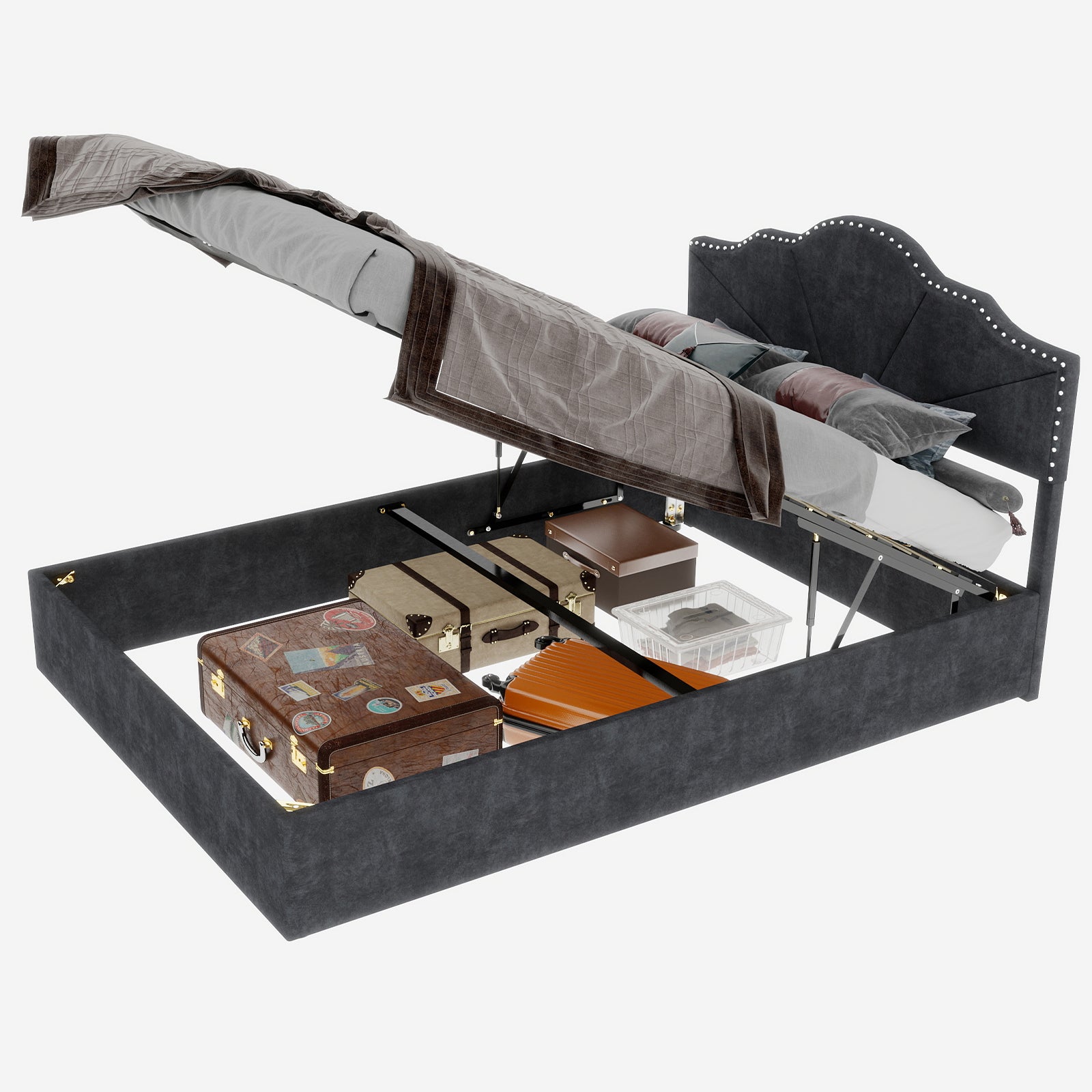 Letto contenitore matrimoniale 160x200 cm, testiera, barre di supporto gonfiabili, grigio metallo, senza materasso - 8