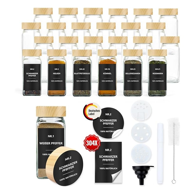 Zestaw 24 szklanych pojemników na przyprawy 120ml z hermetycznymi pokrywkami, etykietami wodoodpornymi i shakerem do kuchni