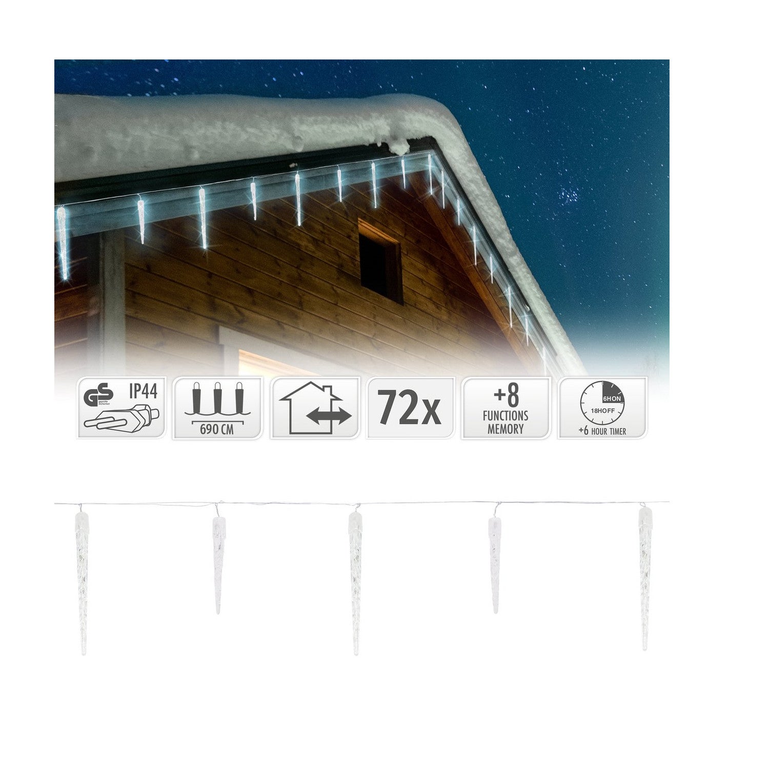ECD Germany LED Lancuch Swietlny sopel lodu zimna biel 72 stozki, kurtyna 6,9 m + kabel 5 m, 8 trybów swiatla + timer, wodoodporny IP44 wewnatrz / na