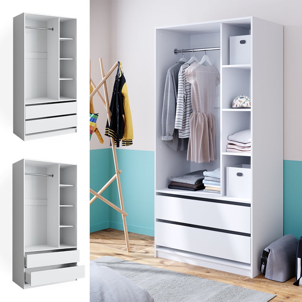 Armoire Vicco Elmo Blanc 100x200cm | Avec 2 Tiroirs Et Rangement Ouvert | Pour Chambre Et Dressing