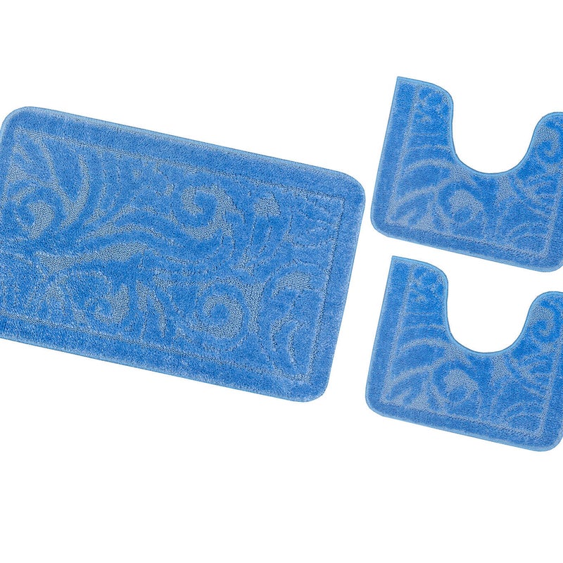 Zestaw 3 dywaników łazienkowych Antypoślizgowy Absorbent Barokowy Jednolity Kolor Błękitny