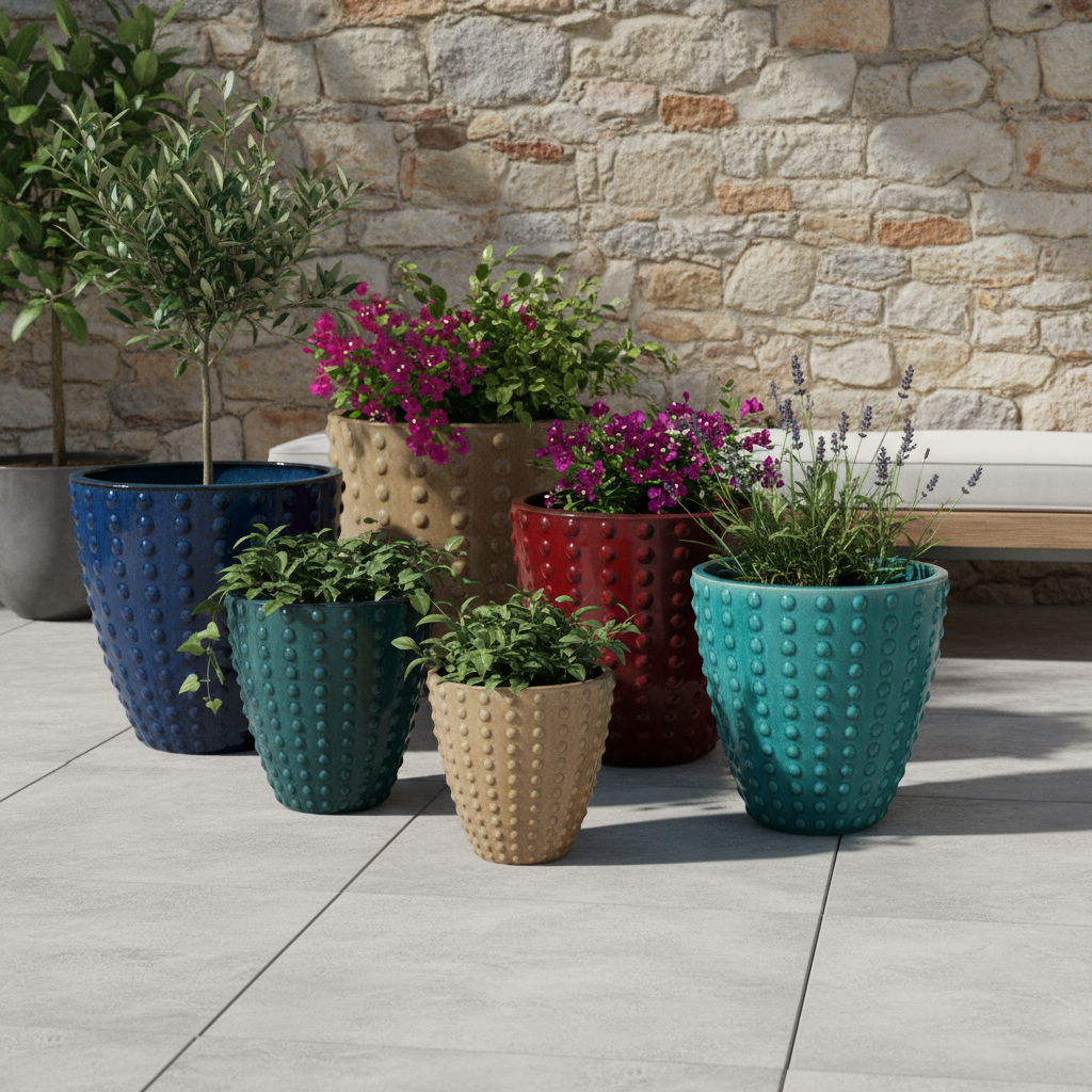 Pot grande taille d'extérieur ATTILA 38x37cm turquoise, fait main en terre cuite émaillée, résistant au gel - 4