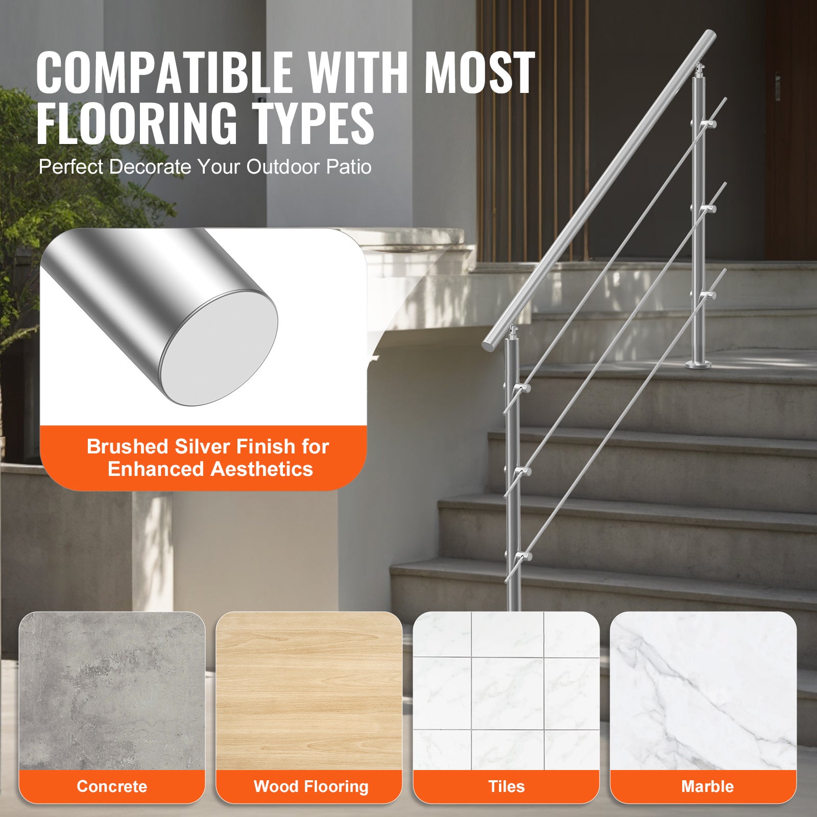 Rampes extérieures SucceBuy 59in,3 barres transversales,design double colonne,rampes inox avec kit d'installation. - 7