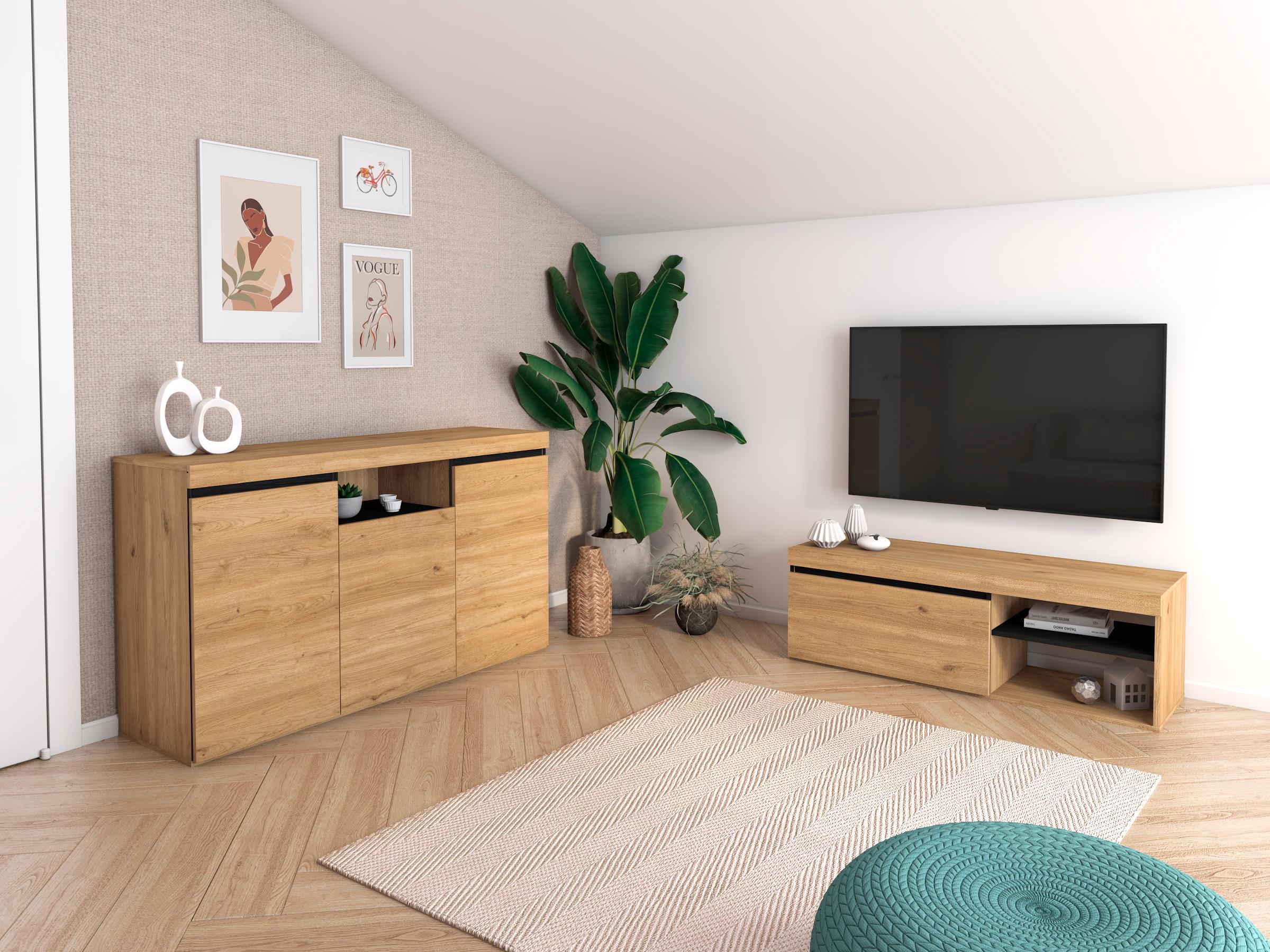 Ensemble Naturale Buffet-Meuble TV 120 couleur Chêne et Noir - 2